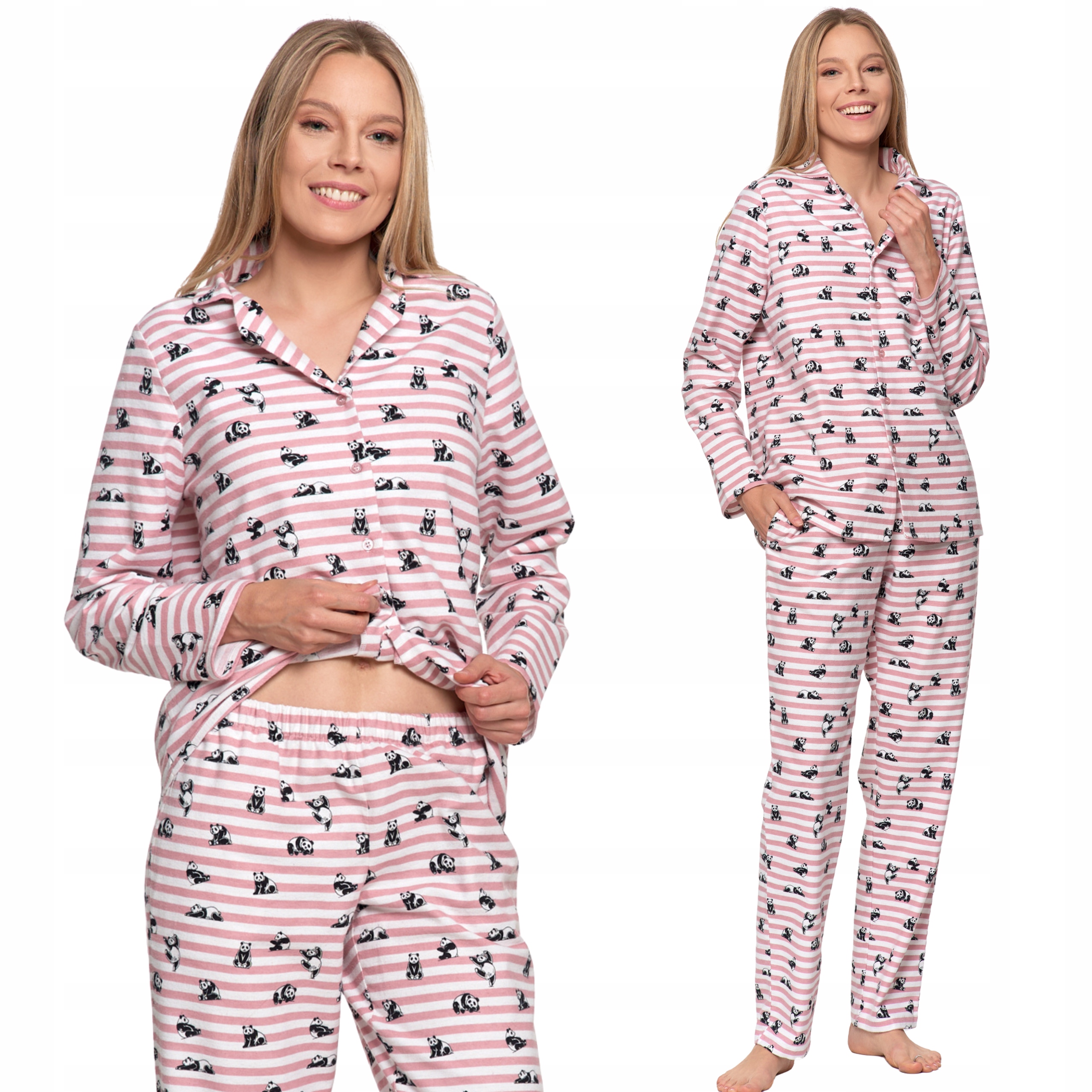 Dlouhé dámské pyžamo s proužky a medvídky Panda z bavlněného flanelu Moraj S