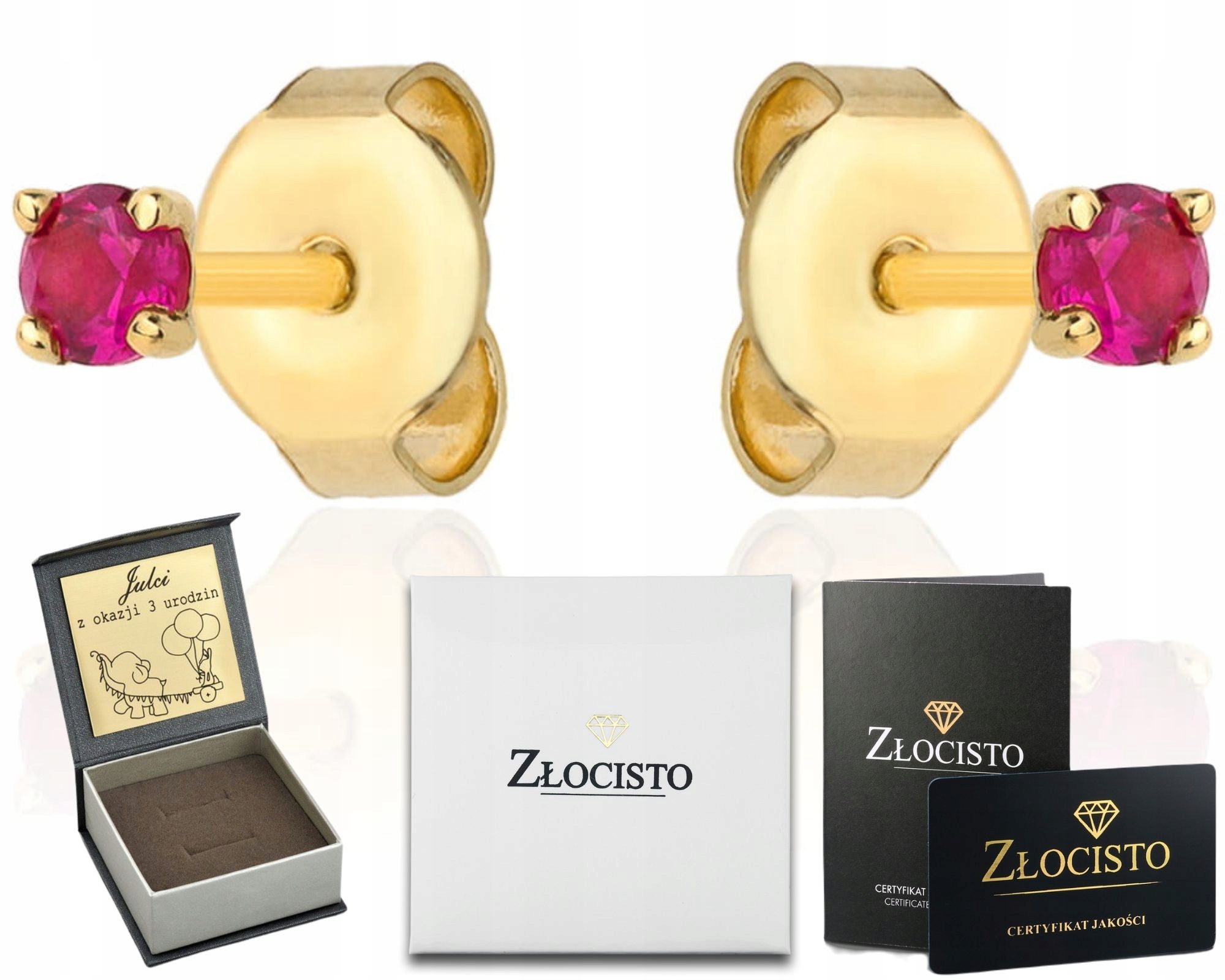 Zlaté Náušnice Rubínová Tyčinka Zirkon 585 Gravírování