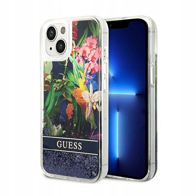 Guess Liquid Glitter Flower Pouzdro pro iPhone 14 Plus (modré)