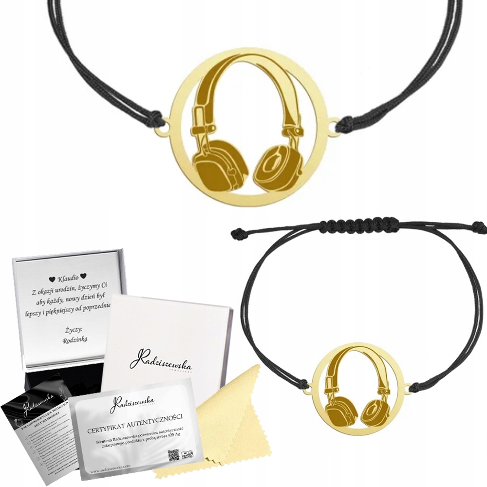 Náramek Zlaté Sluchátka Dj Šňůrka Stříbro 925 Narozeniny Gravírování Bonus