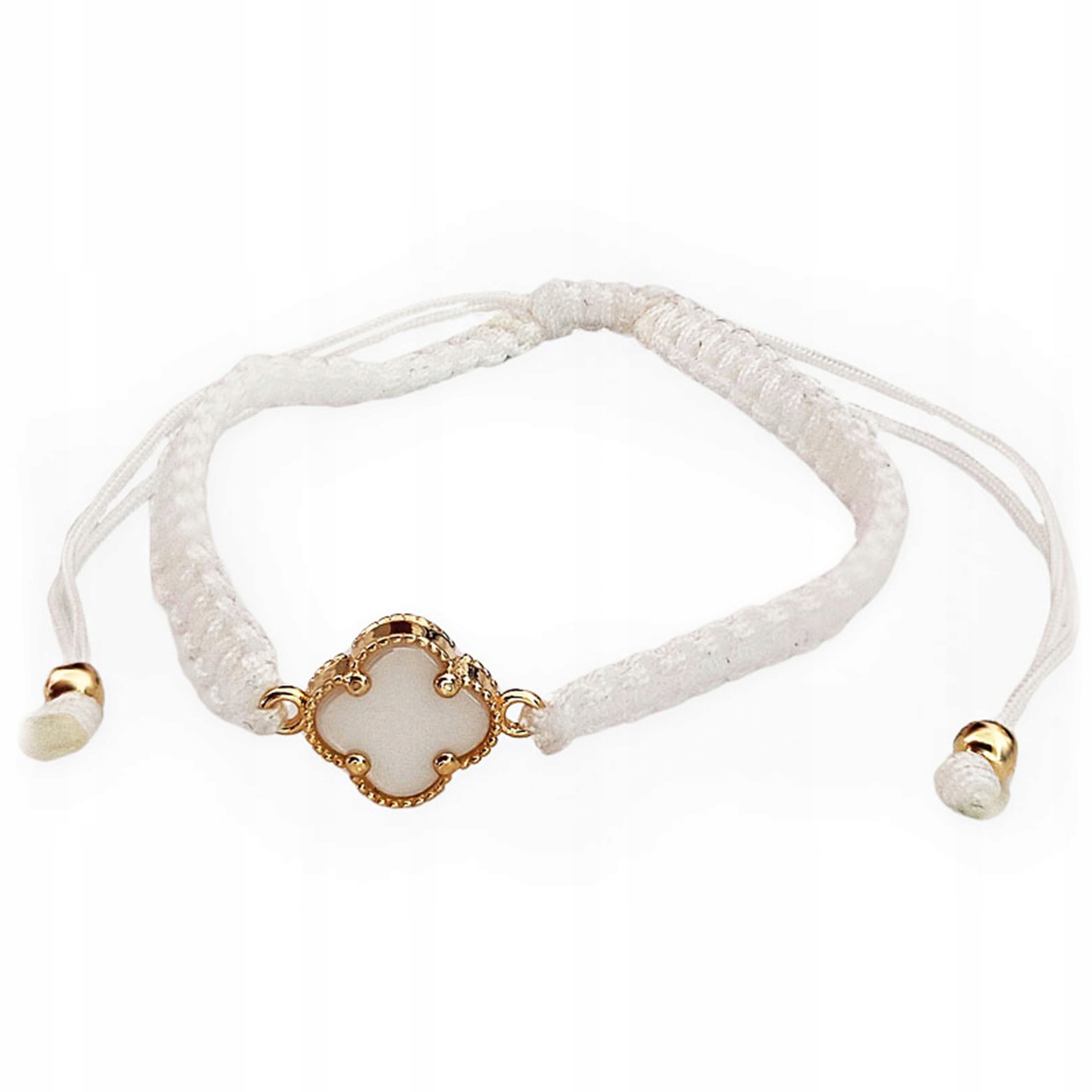 Zlatý dámský náramek 585 14k, bílá šňůrka s jetelem pro ženy