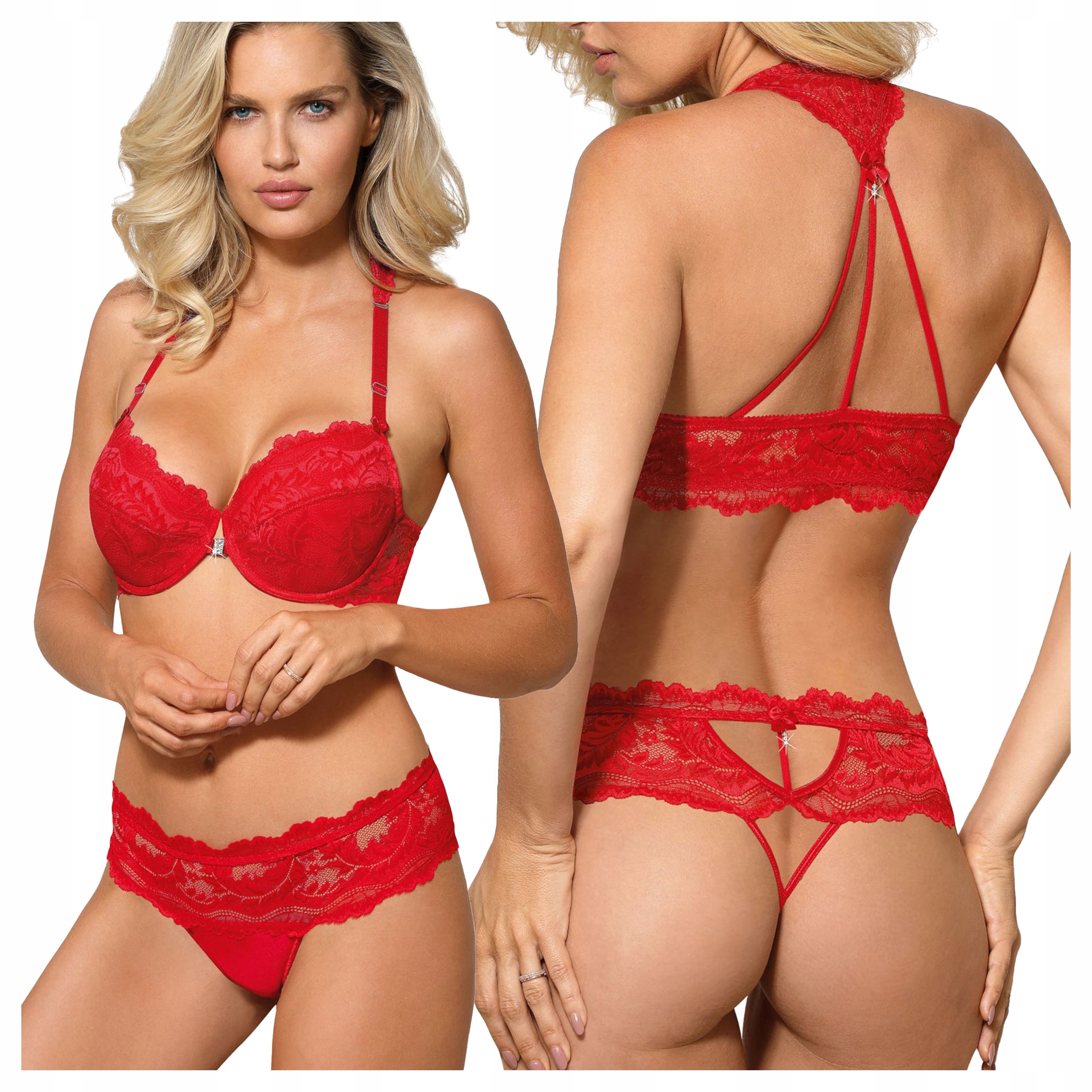 Komplet Podprsenka Push Up Tanga Krajkové Smyslné Červené 75D+M