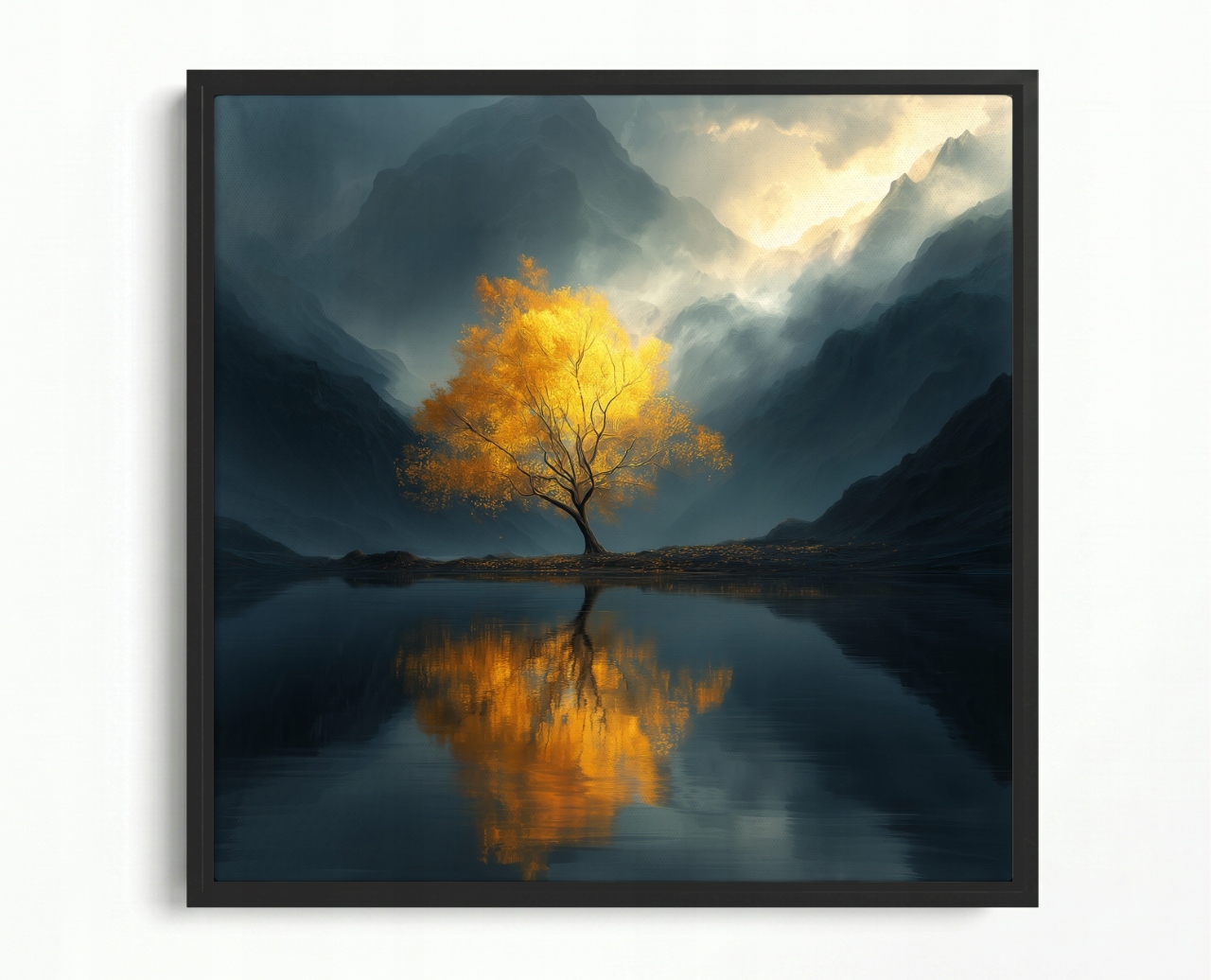 Obraz Rám American Box Zlaté Horské Drevo Jazero Hmla Odraz 60x60