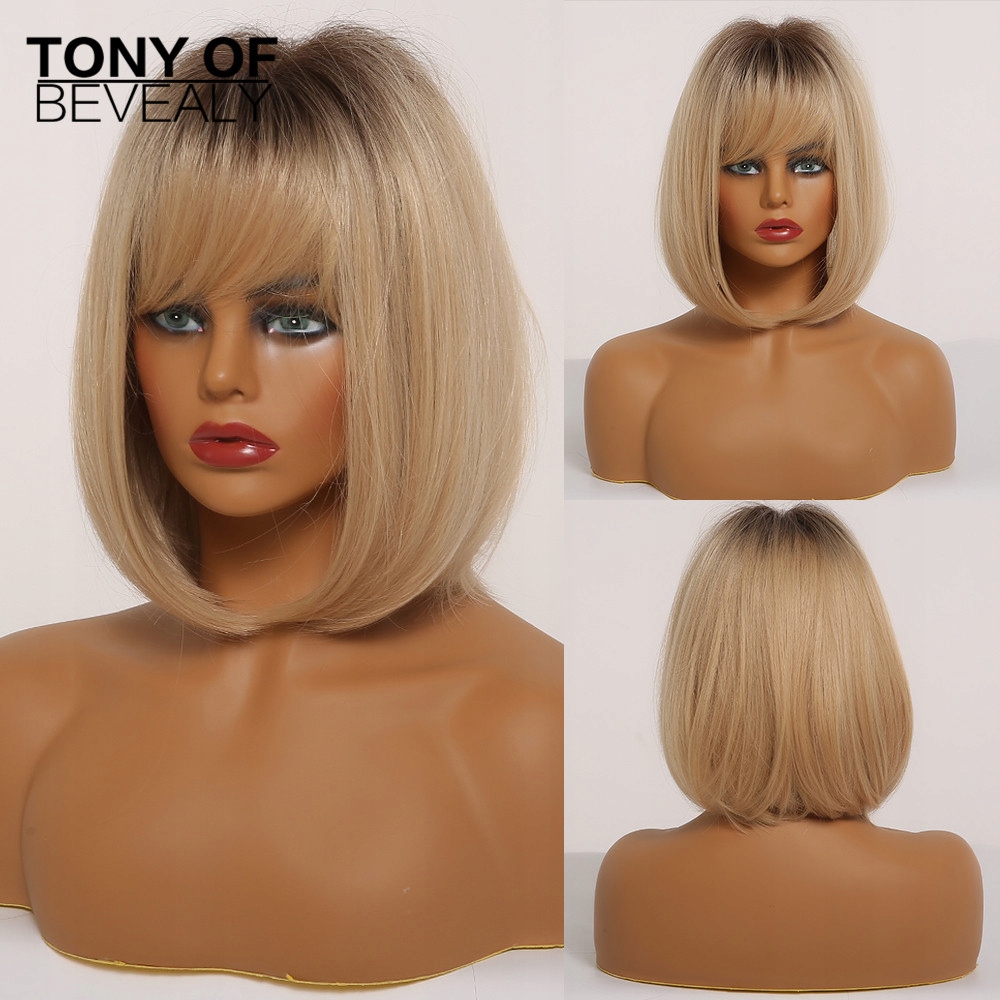 Blond krátká paruka Maze s černými kořínky a ofinou, SS167-1