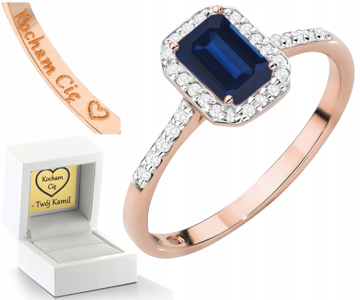 Růžové Zlato Prstýnek Diamanty A Přírodní Kámen Safír 585 Gravírování