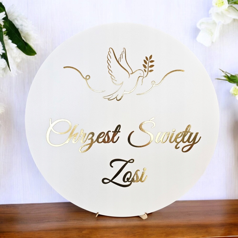 Dekorativní uvítací tabule bílé kolo na křtiny Svatý zlatý nápis