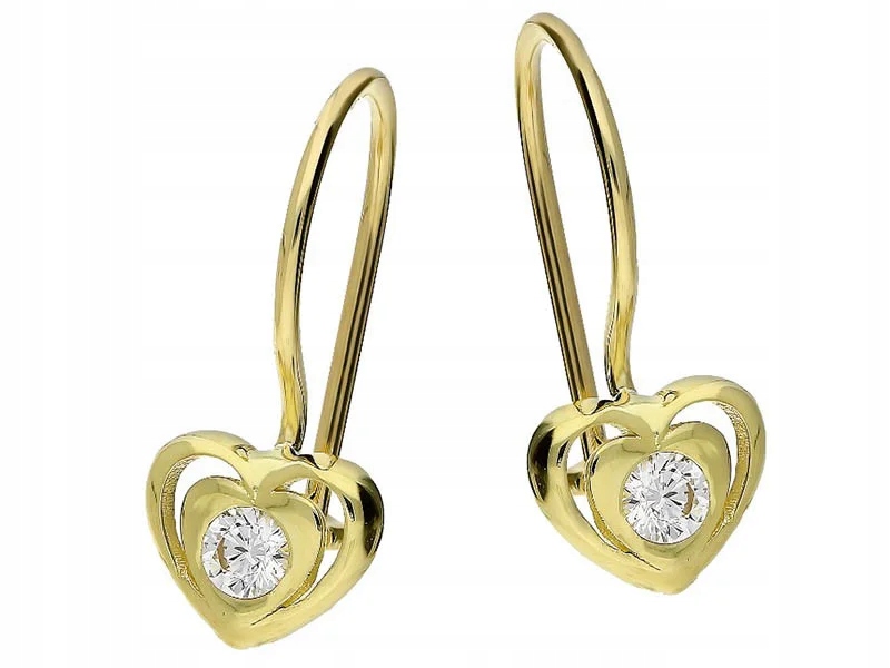 Zlaté náušnice srdce 585 14k s bílým zirkonem na bižuterii, uzavřené, dámské