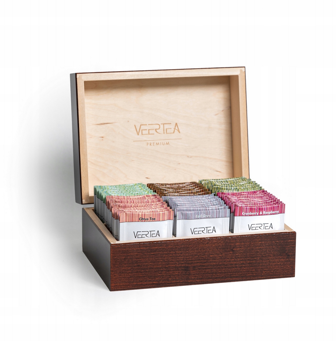 Veertea Premium Zestaw herbat drewniana skrzynka 96 kopert brązowa