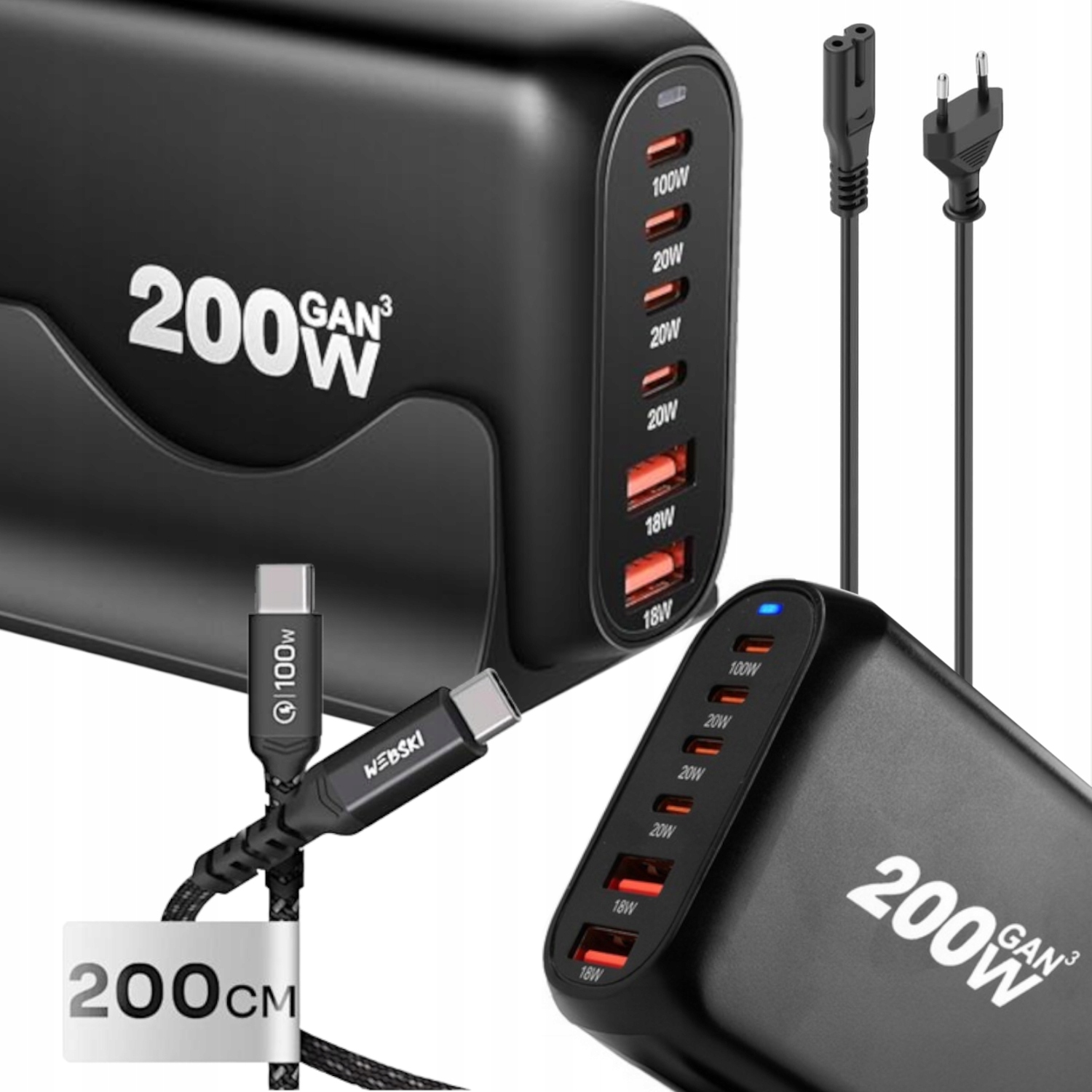 Síťová Nabíječka 200W GaN Qc Usb Rychlé Nabíjení Mnoha Zařízení