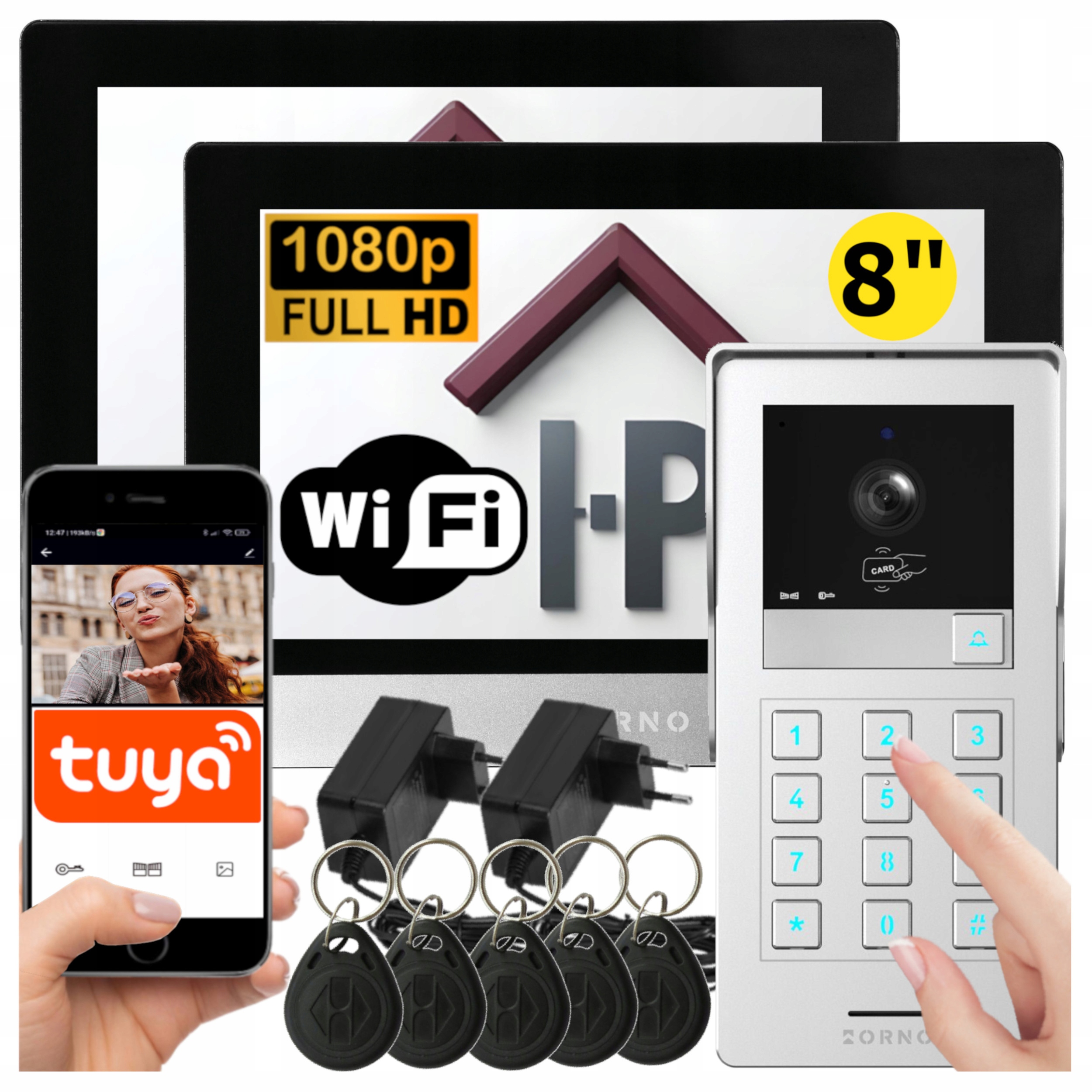 Wideodomofon Wifi Tuya 2 Dwa Monitory 2-Żyłowy Full Hd Szyfrator Kod Brelok