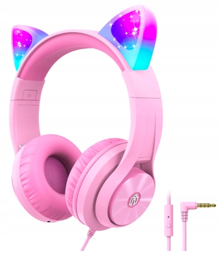 Dětská sluchátka iClever Cat Ear Led růžová, bezpečná hlasitost