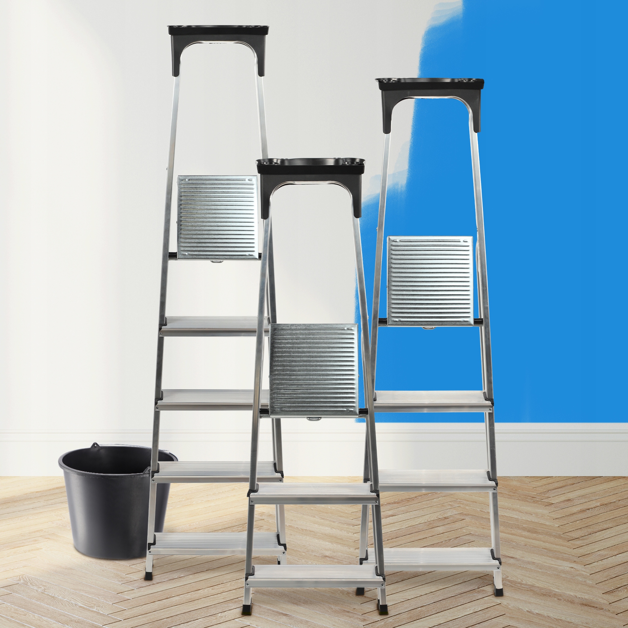 KADAX DRABINA ALUMINIOWA 5 STOPNIOWA SKŁADANA DOMOWA MOCNA PÓŁKA +HAK 125kg Waga 3.8 kg