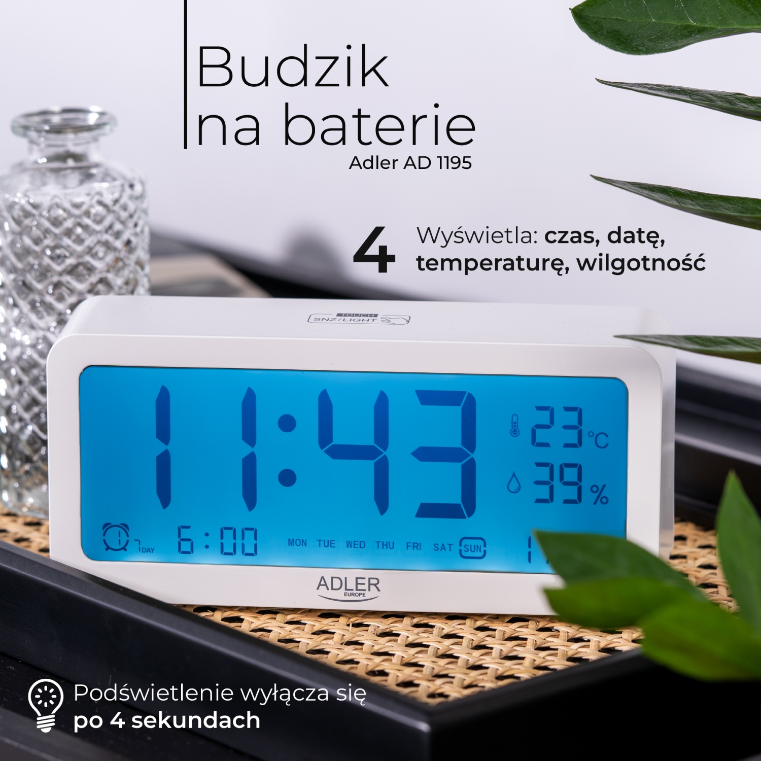 Budzik AD 1195 Biały - Podświetlany, Temperatura, Wilgotność, 3 Alarmy