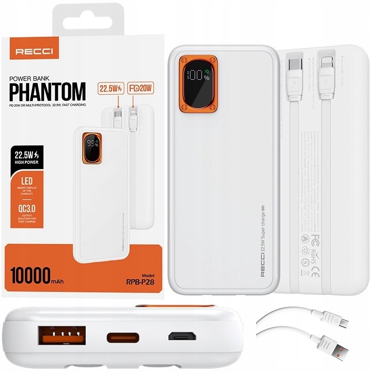 Szybki Powerbank 10000MAH 22,5W Qc 3.0 Pd Kabel Lightning Usb-c Recci