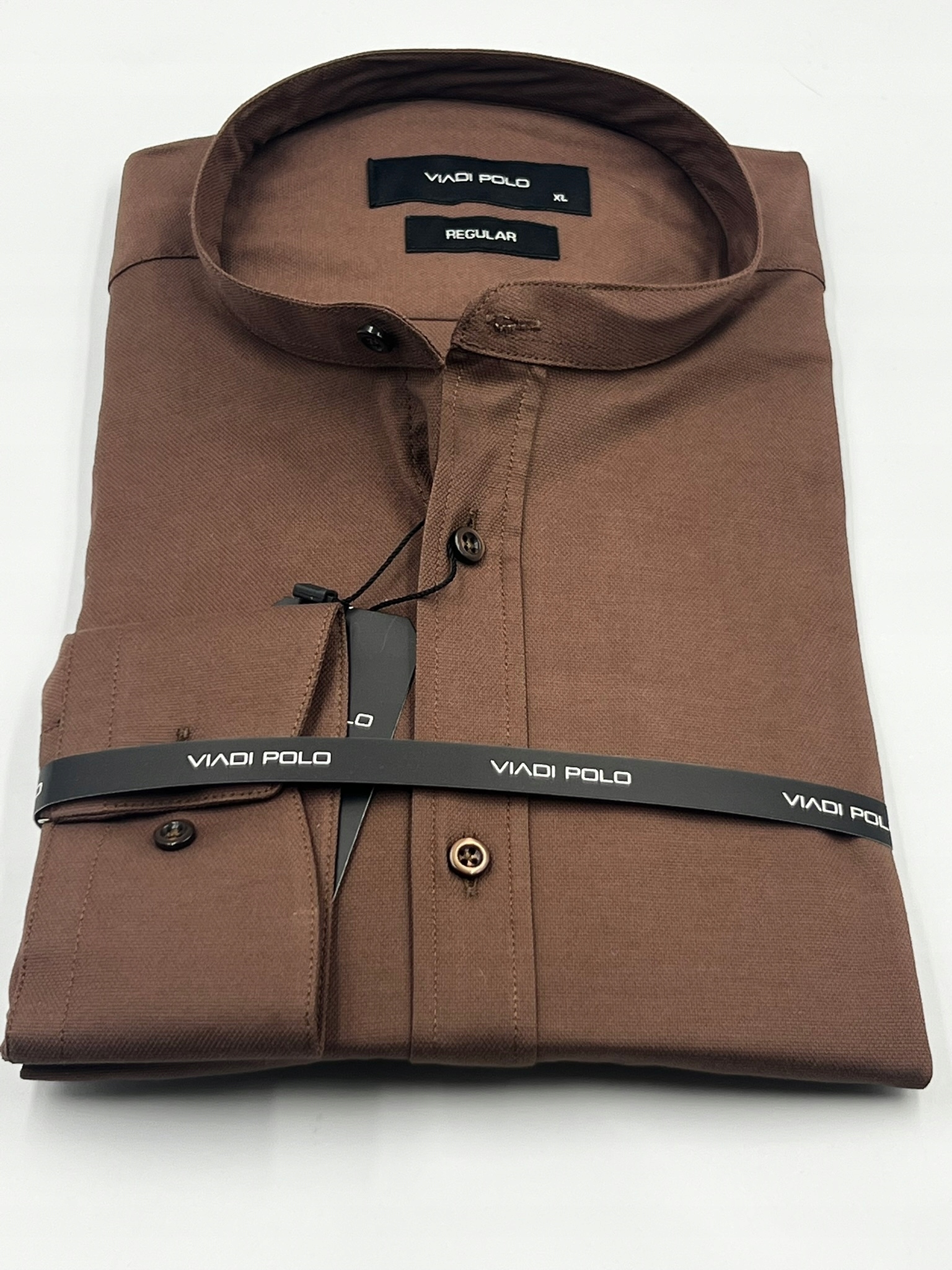 Pánská košile Viadi Polo Tmavě hnědá Regular dl. rukáv Stojka vel. 3XL Oxford