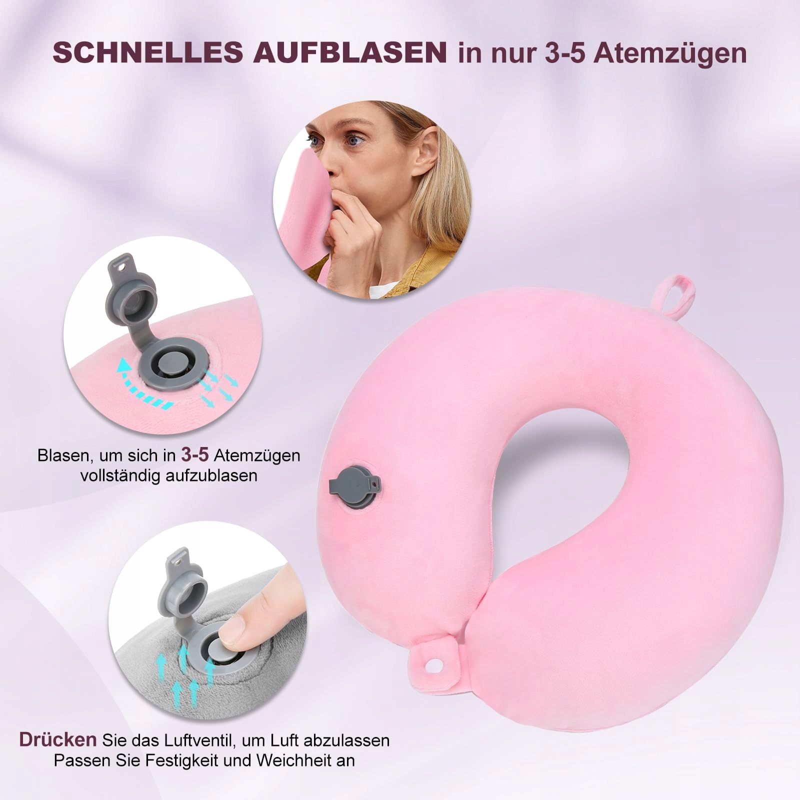 CIROLD Ergonomiczna Wygodna Poduszka Na Szyję Dmuchana Podróżna Różowa — miniatura 2