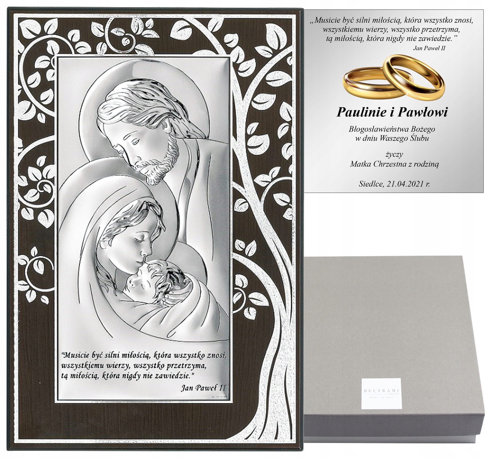 SREBRNY OBRAZ ŚWIĘTA RODZINA PAMIĄTKA ŚLUB CHRZEST