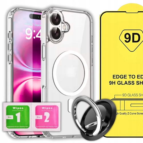 ETUI DO IPHONE 17 CASE + SZKŁO 9H WZMACNIANE 360°CLEAR + UCHWYT RING ZESTAW