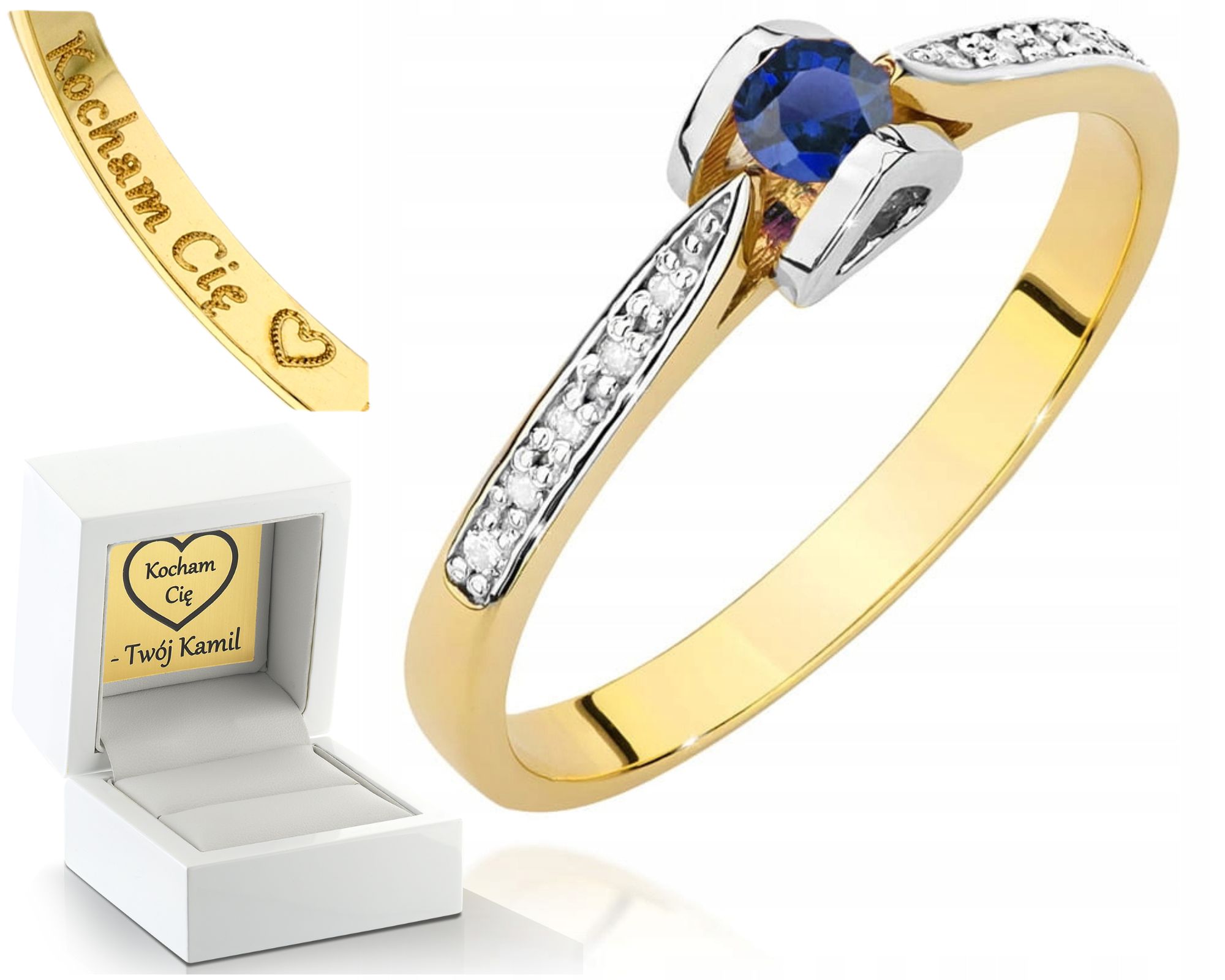 Zlatý Prstýnek Gravírování Diamanty A Safíry, Gravírování 585, Dárek Bonus
