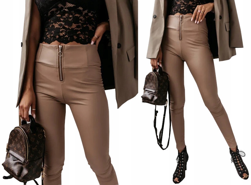 LEGGINSY ELEGANCKIE BEŻOWE ZAMEK EKO SKÓRA S/M