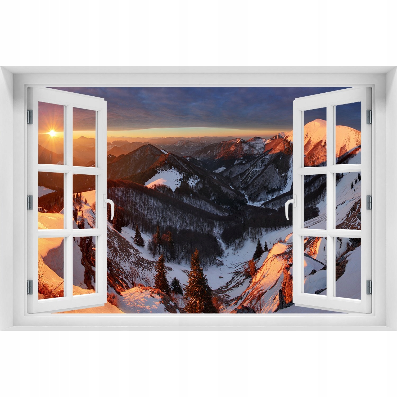 

Naklejka Fototapeta 3D Okno Zima w górach 120x80