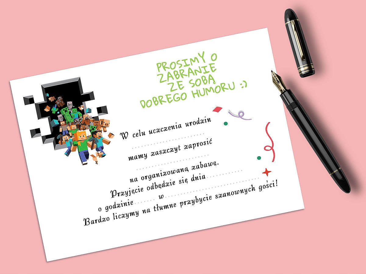 ZAPROSZENIA DLA DZIECI MINECRAFT NA URODZINY DZIECKA + KOPERTY Stan opakowania oryginalne