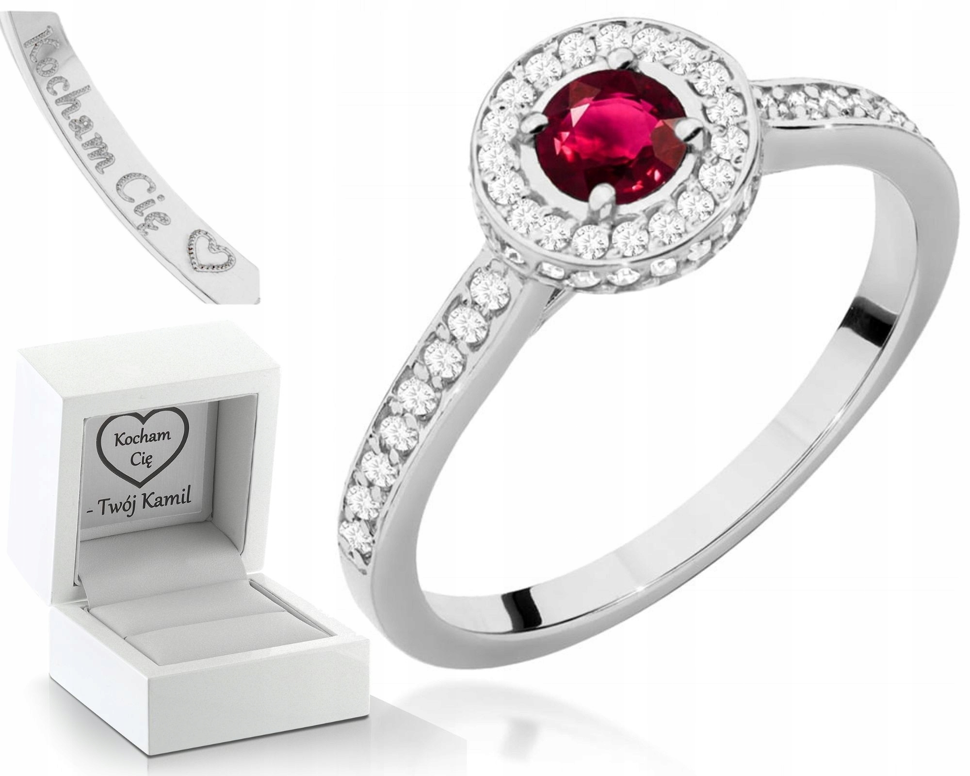 Bílé Zlato Prstýnek S Rubínem A Briliantem Gravírování