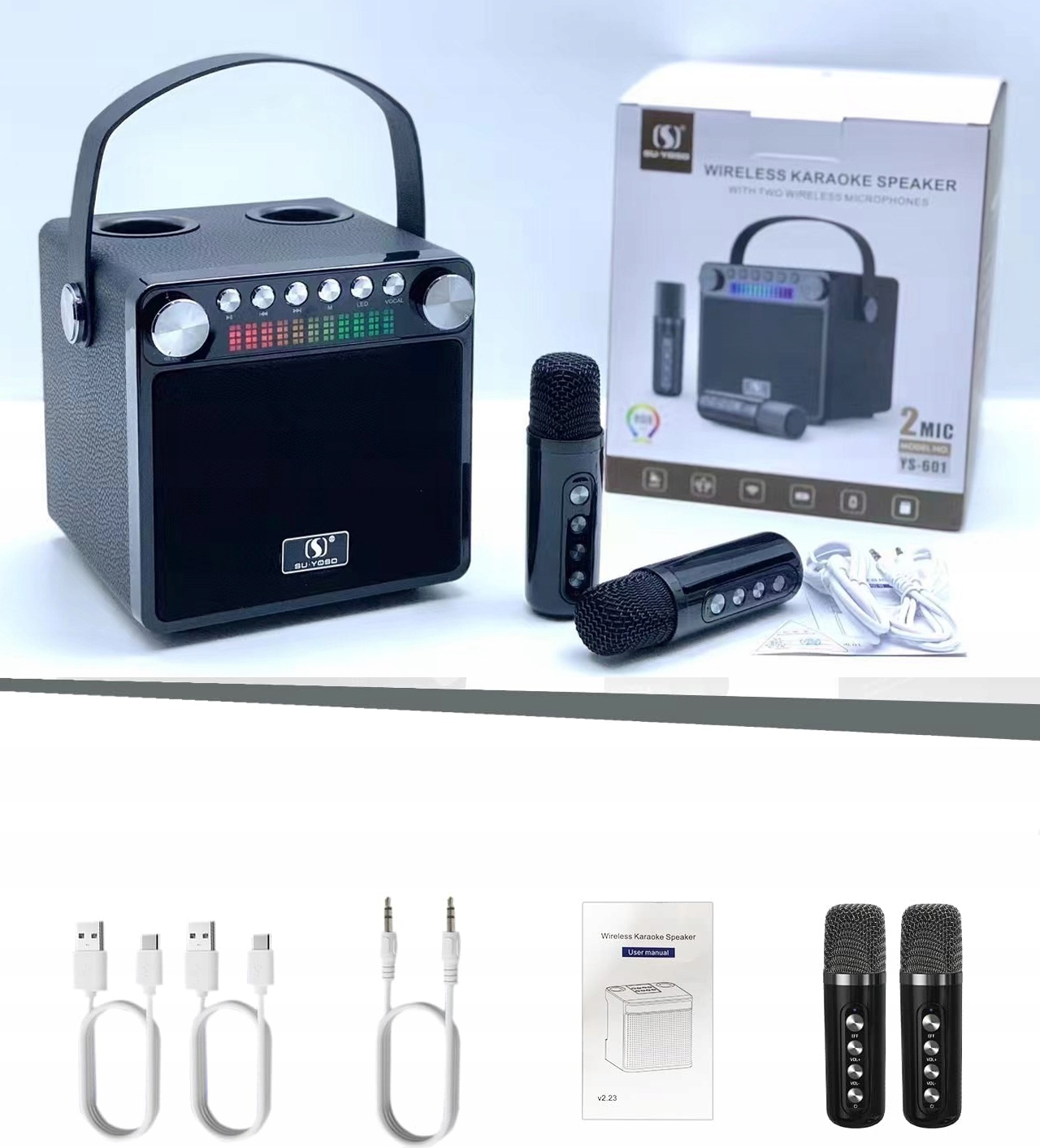 MASZYNA GŁOŚNIK KARAOKE Z 2 MIKROFONY BEZPRZEWODOWE BLUETOOTH KOLOROWA LED Marka bez marki