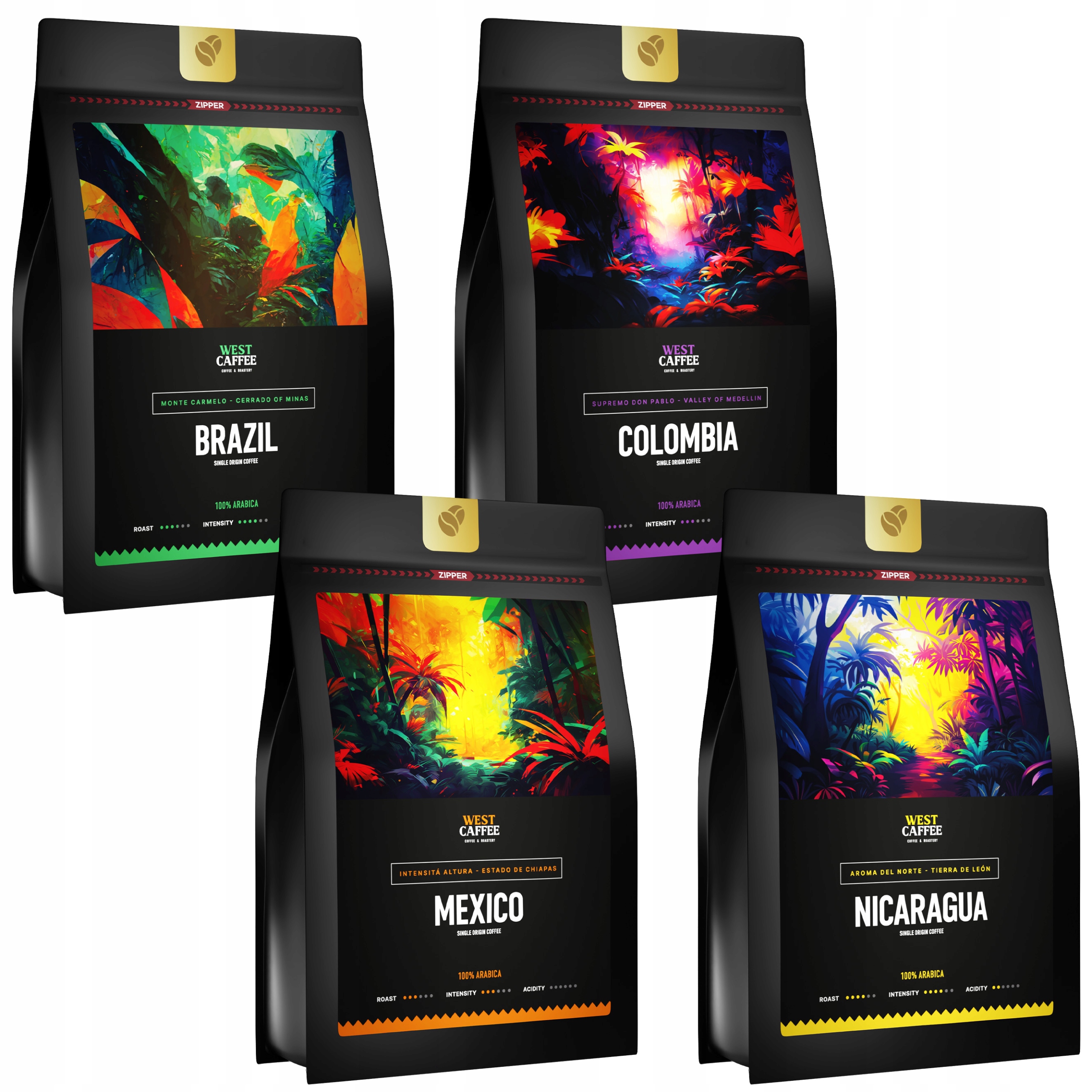 Káva Zrnková Sada 4x250g Kolumbie Nikaragua Brazílie Mexiko MIX