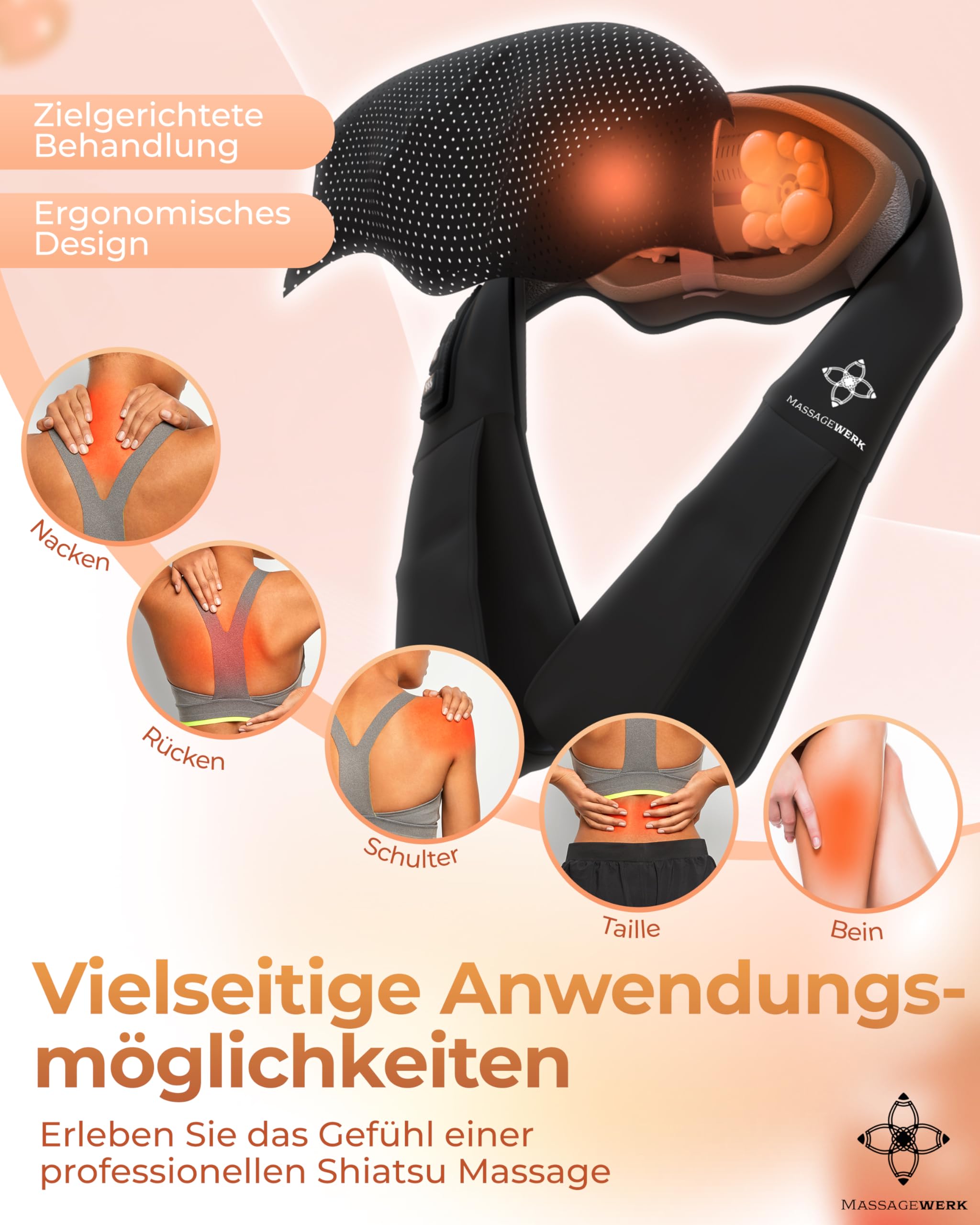 MASSAGEWERK Shiatsu Masażer Pleców i Szyi z Funkcją Podgrzewania — miniatura 4