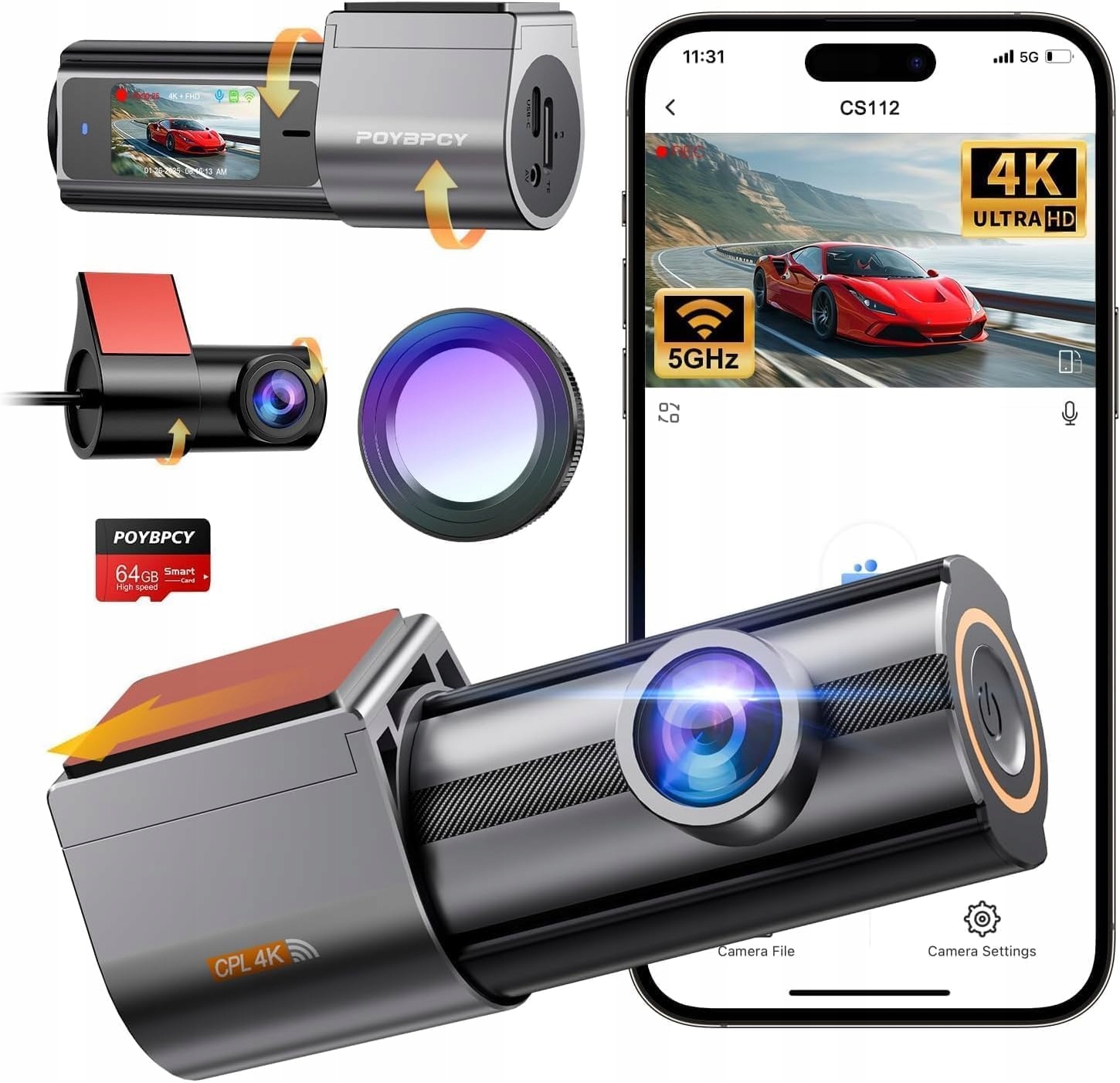 Videorekordér Poybpcy Autokamera Dvojitá 4K Wifi 64GB Wdr