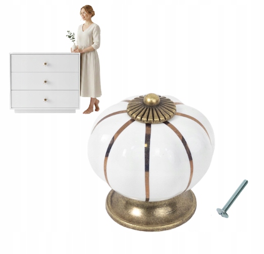 GAŁKA MEBLOWA PORCELANA DYNIA BIAŁA/ZŁOTA Retro AKS