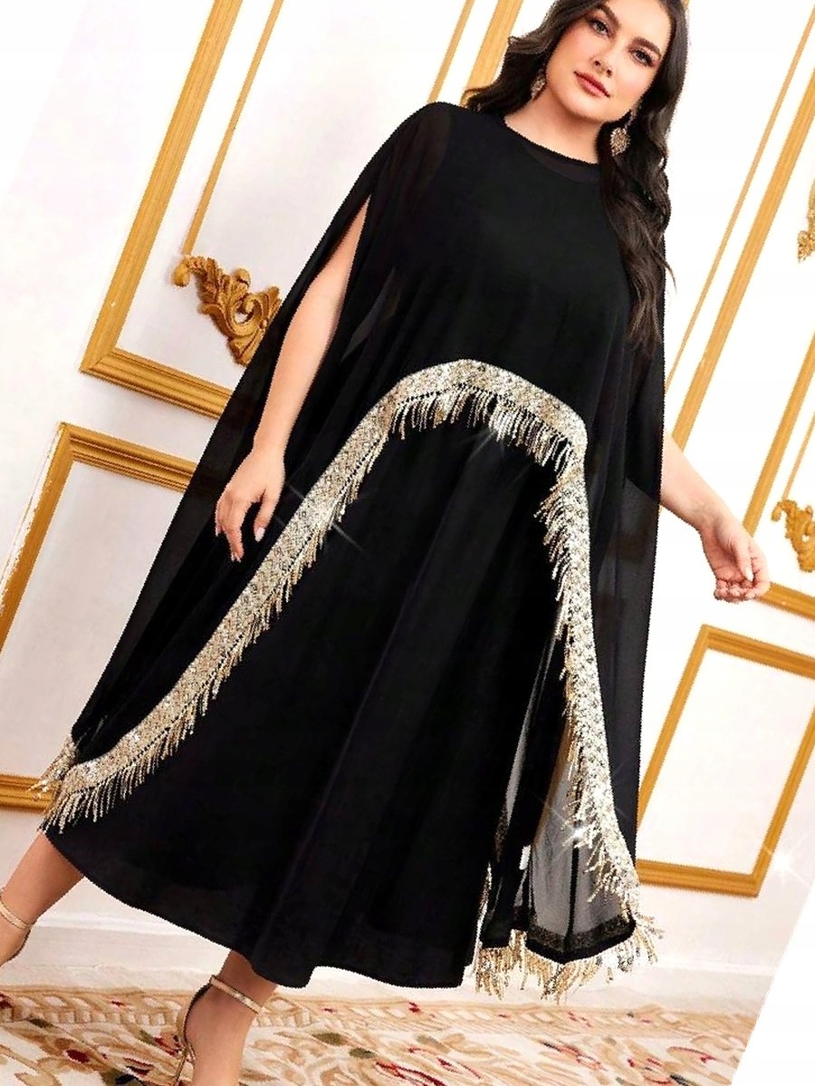 Šaty v arabském stylu, dvoudílná s pláštěm, černá, 5XL, 50