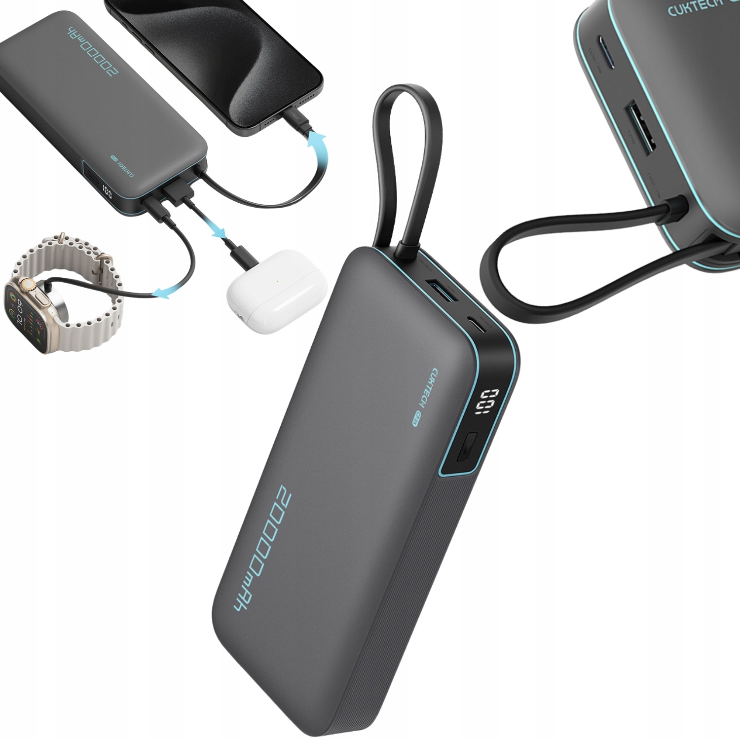 Výkonná Powerbanka Rychlé Nabíjení 55W 20000 mAh Prostorný Usb C Kabel Cuktech