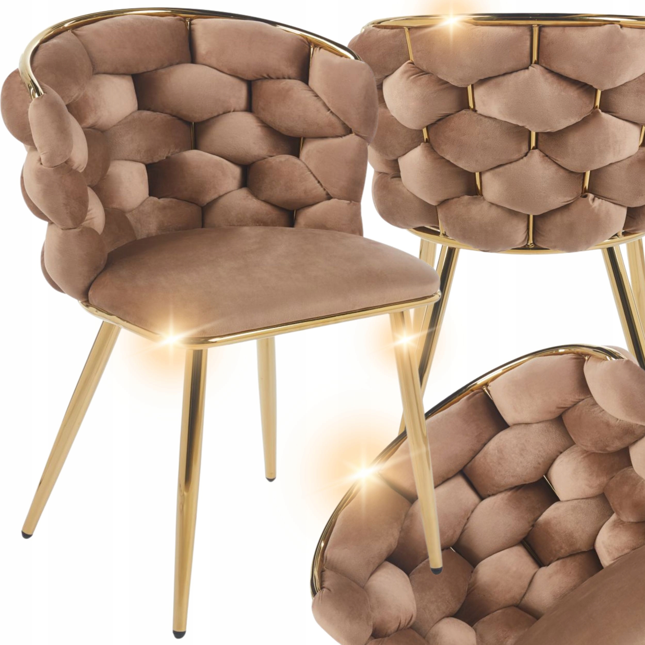 KRZESŁO PLECIONE ZŁOTE NOGI VELVET CAPPUCINO DO STOŁU TOALETKI GLAMOR