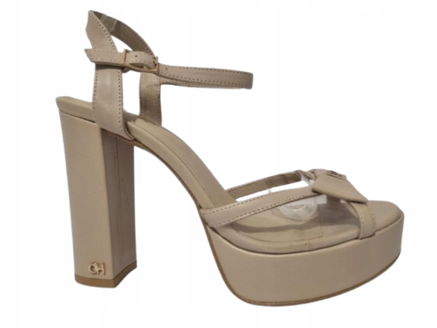 Béžové dámské kožené sandály na podpatku a elegantní platformě Chebello 38