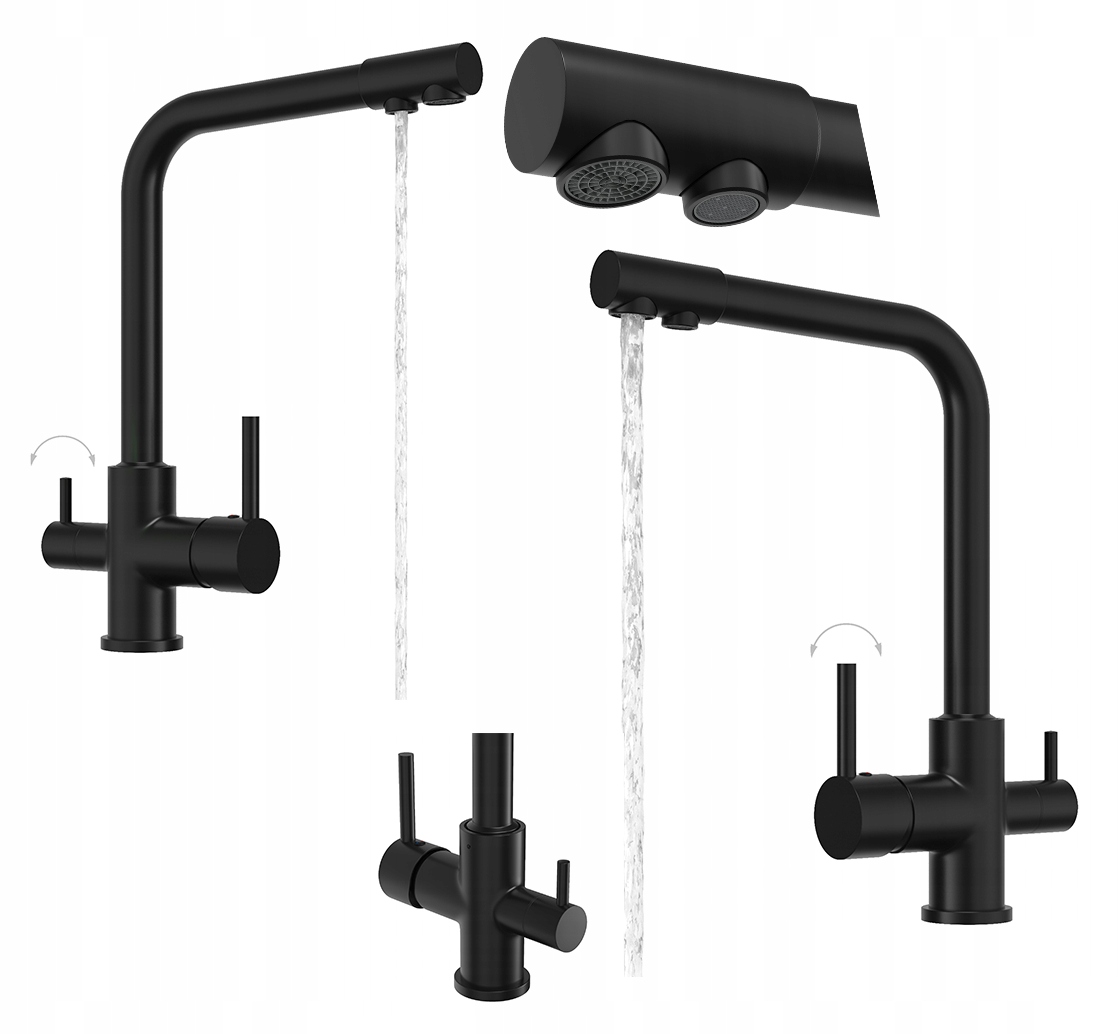Čierna kuchynská batéria s trojcestným kohútikom na vodný filter do kuchyne Flow