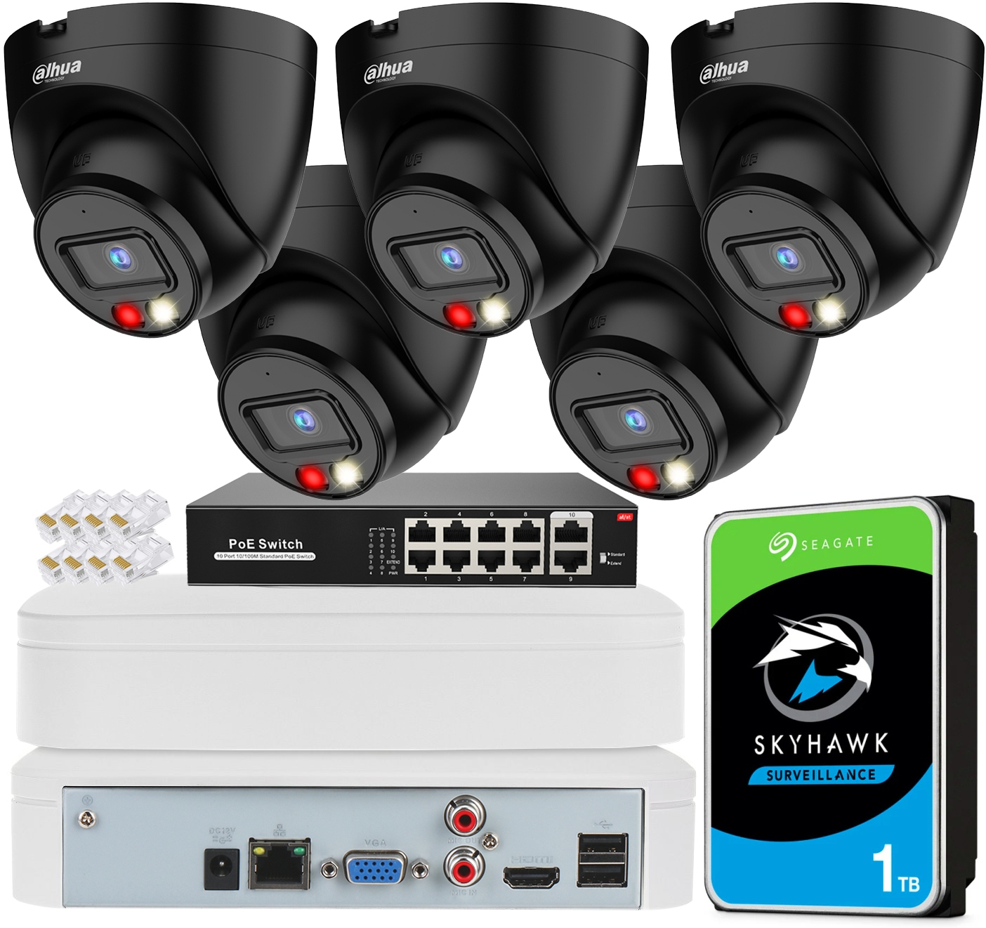 4MPx monitorovací sada Dahua 5 venkovních Led kamer Ir mikrofon PoE