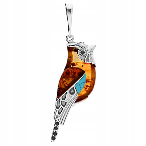 Stříbrná Sójka přívěsek ptáček s Baltským Jantarem tyrkysem Stříbro 925
