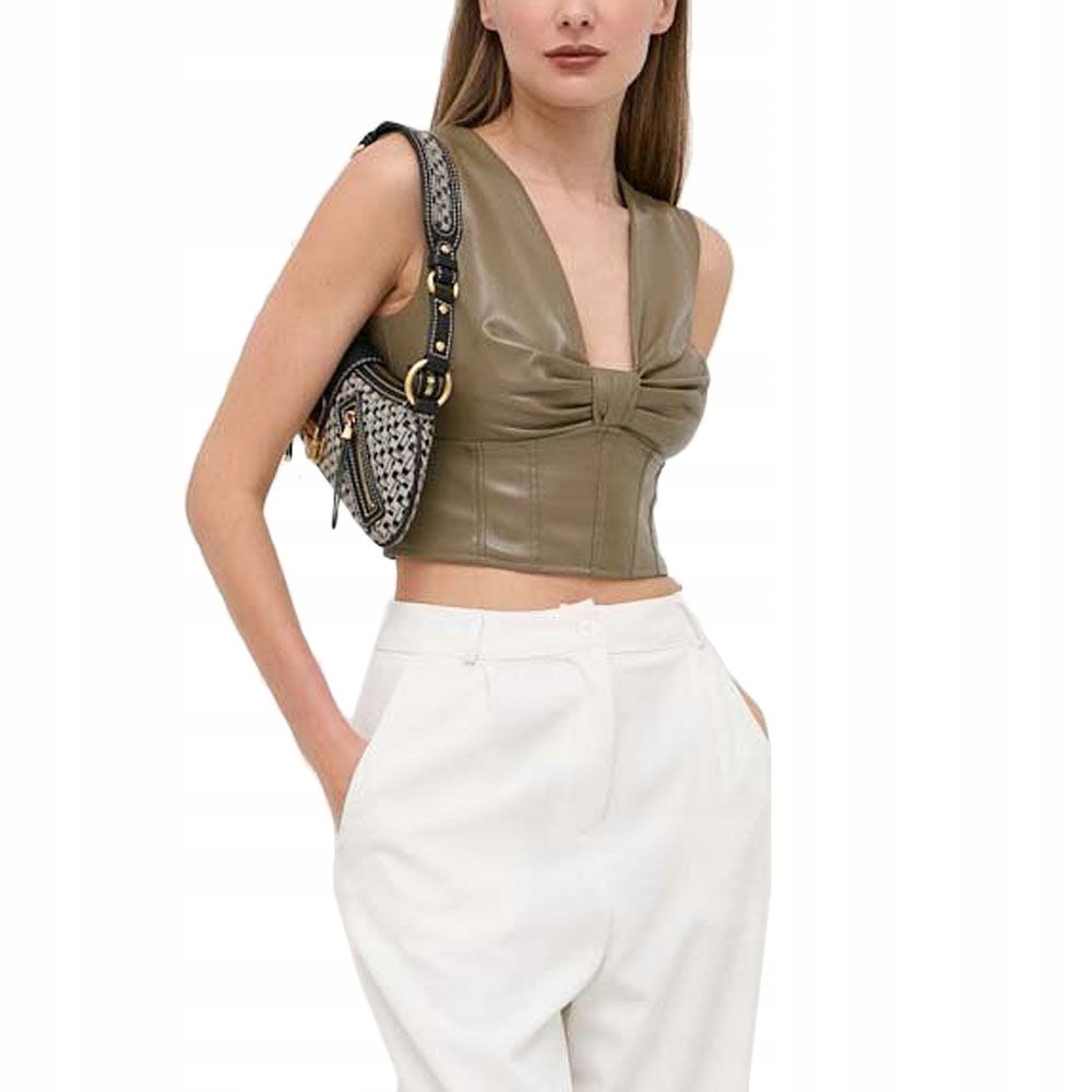Guess Khaki Koženkový Top S Výstřihem A Nařasením Xs Gga