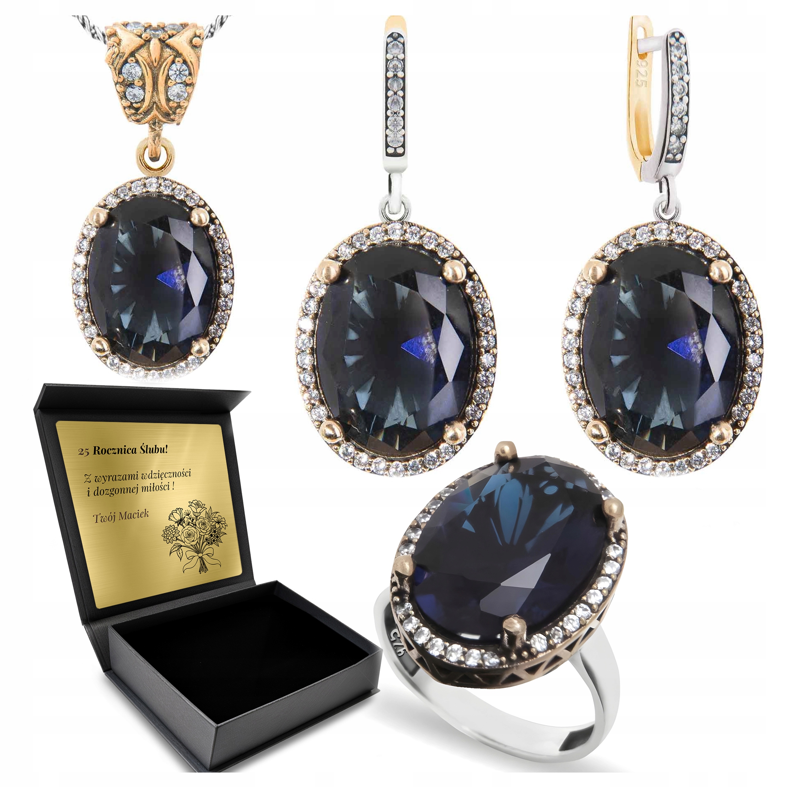 Sada Stříbrných Šperků 925 Se Zirkony A Safírem Pro Ženu Gravírování
