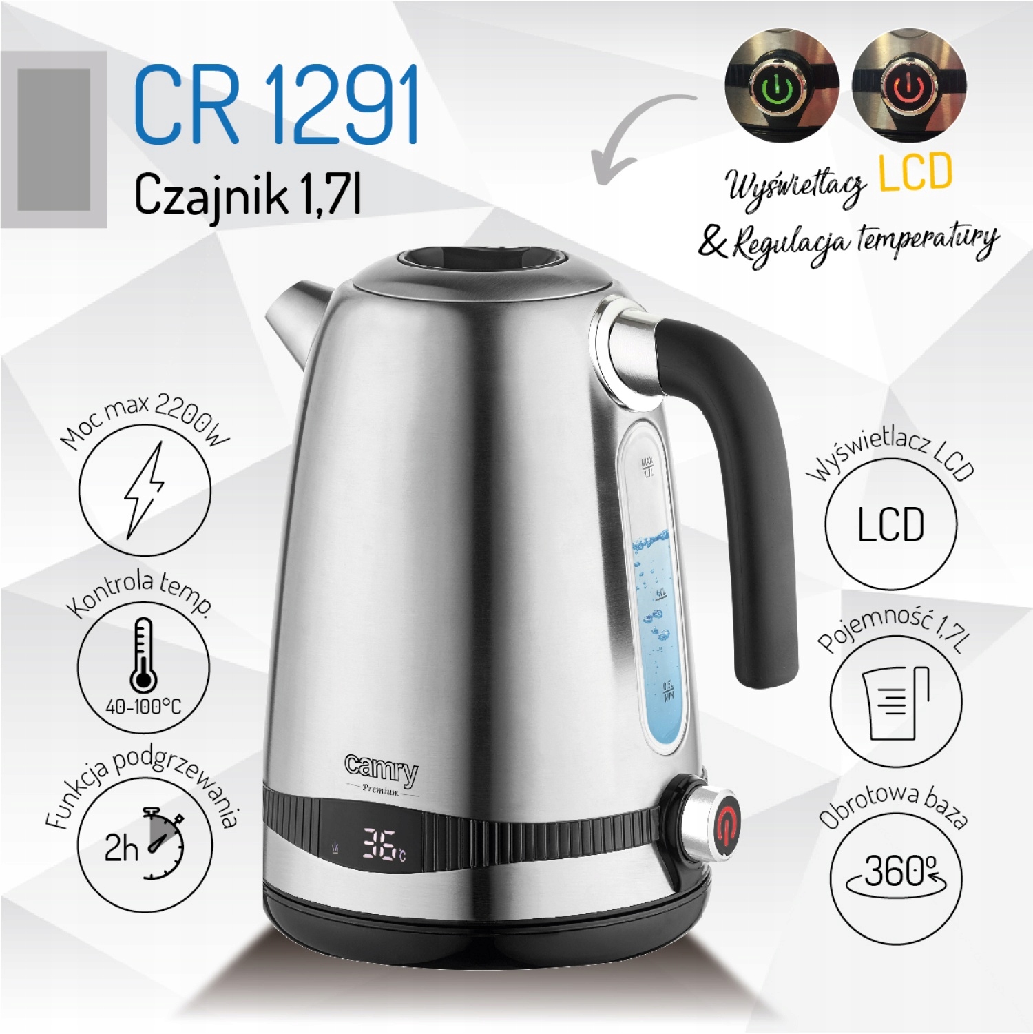 CR 1291 Czajnik Metalowy 1,7L z LCD i Regulacją Temperatury