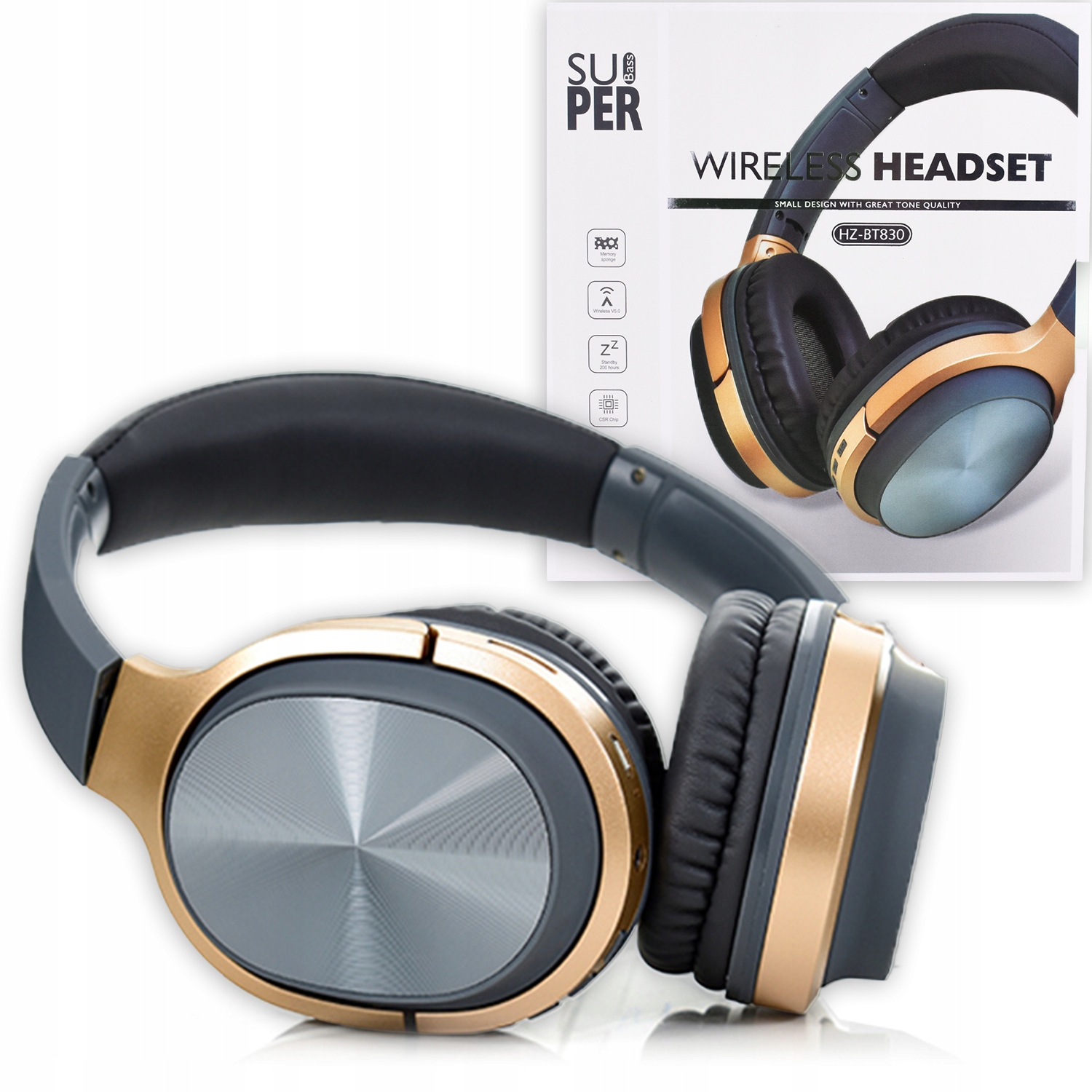 Ergonomiczne Słuchawki Bluetooth Bezprzewodowe ze Slotem Sd Czarno Złote