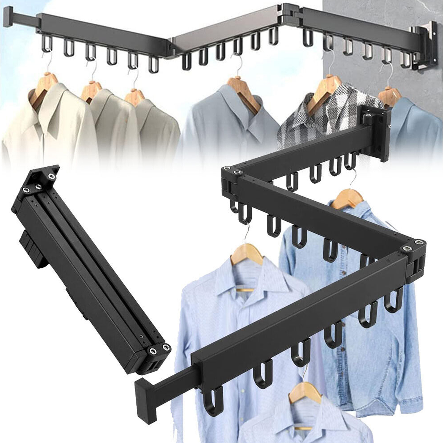 Levně Rozkládací Věšák Na Oblečení, Nástěnná Tyč, Skládací Sušák, 18 Háčků