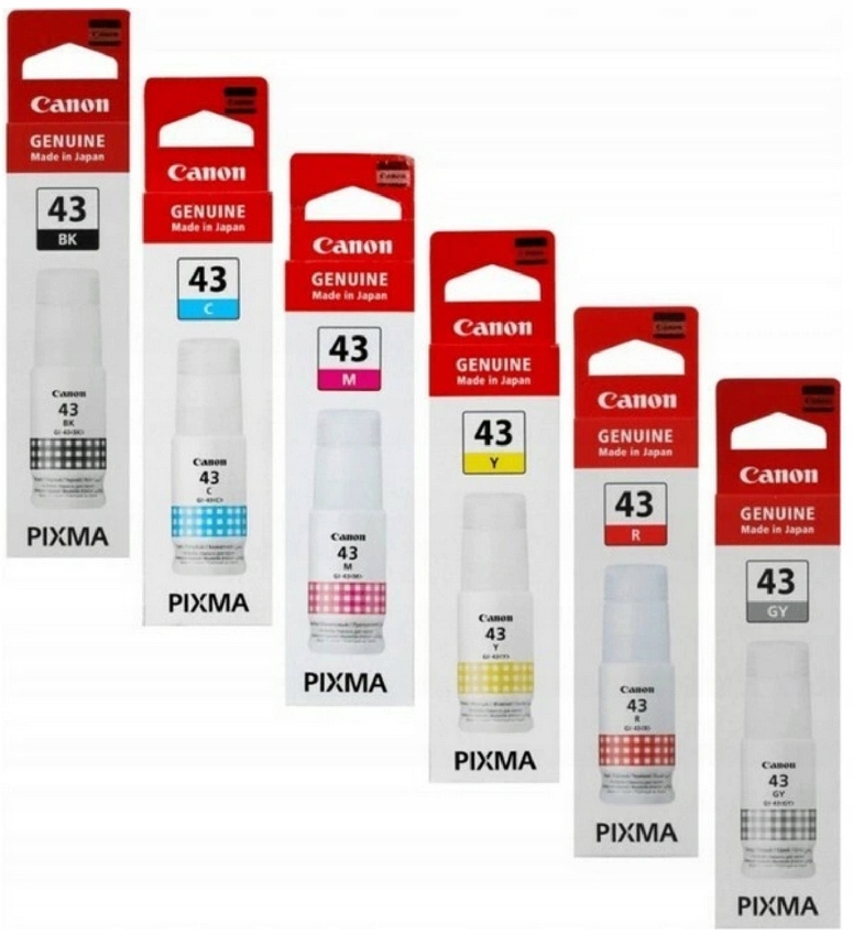 6 originálních inkoustů Canon GI-43 Black, Cyan, Magenta, Yellow, Red, Grey