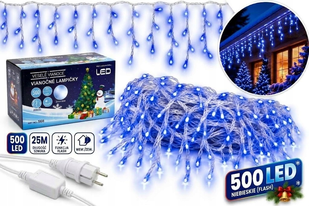Venkovní Světla Rampouchy 500LED 25 M Modrá Flash Kombinovaná