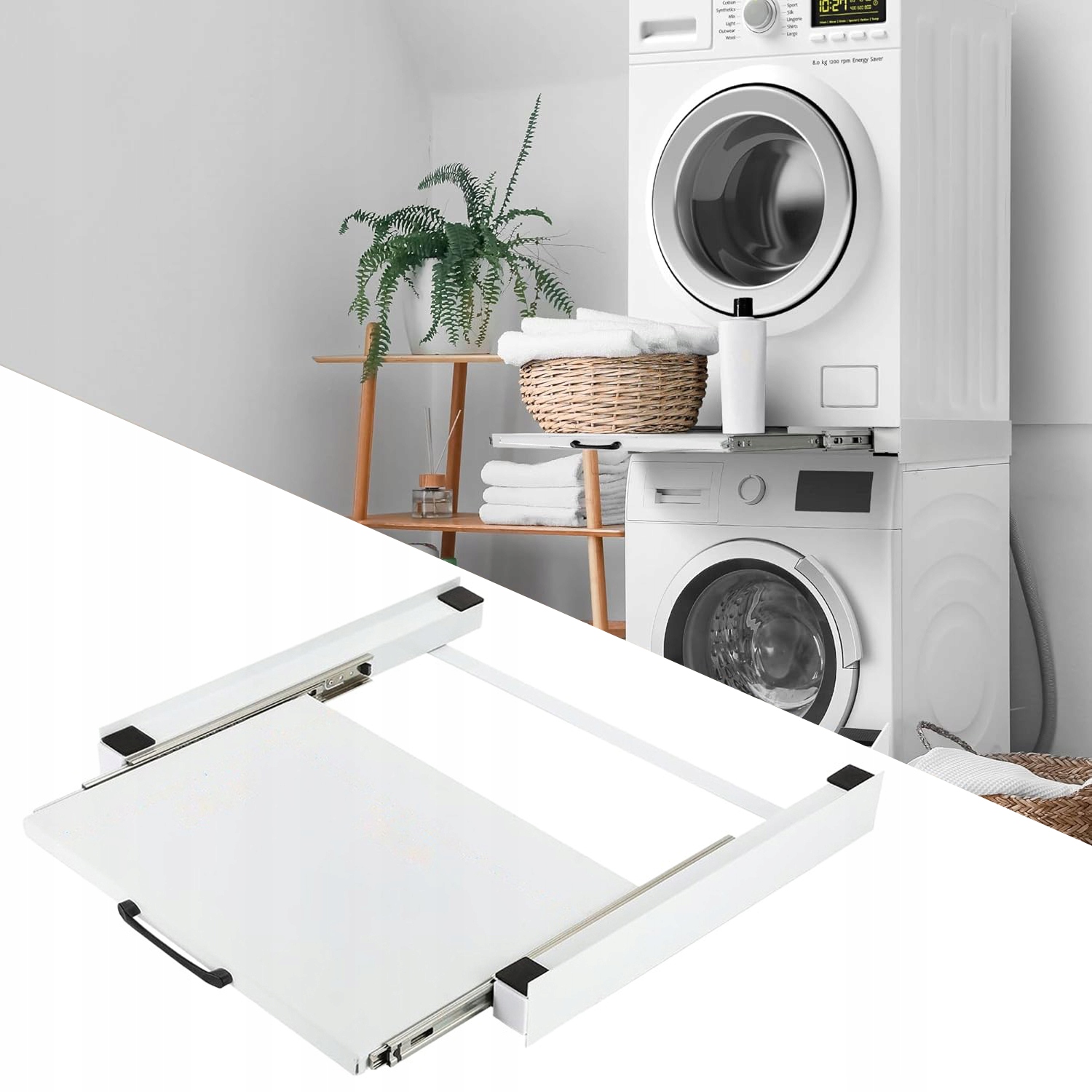 Rama łącząca pralkę z suszarką z wysuwaną półką, oszczędzająca miejsce (Biała)