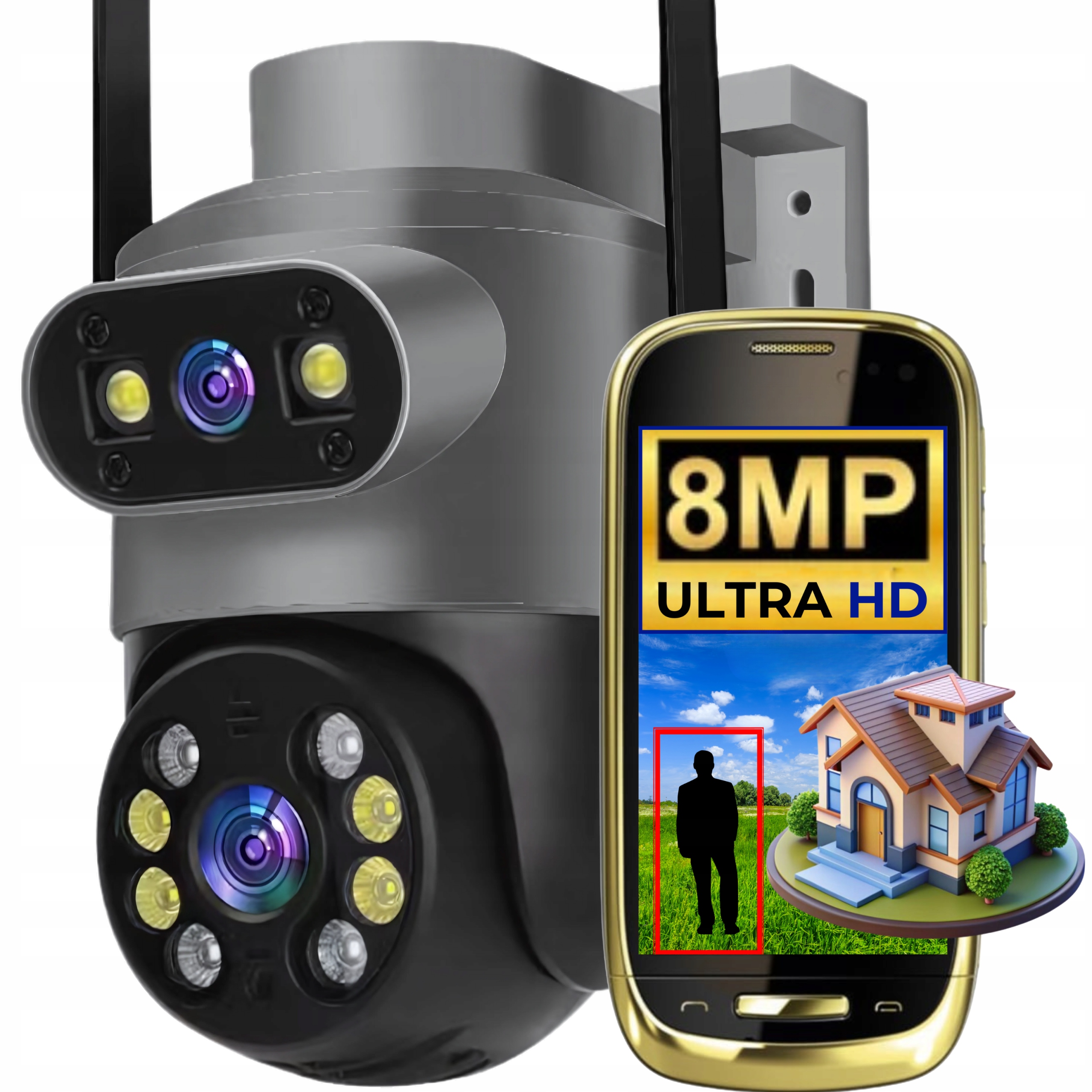 Dvojitá Wifi Ip kamera Venkovní Otočná 8MPX Detekce Funkce Ai Audio