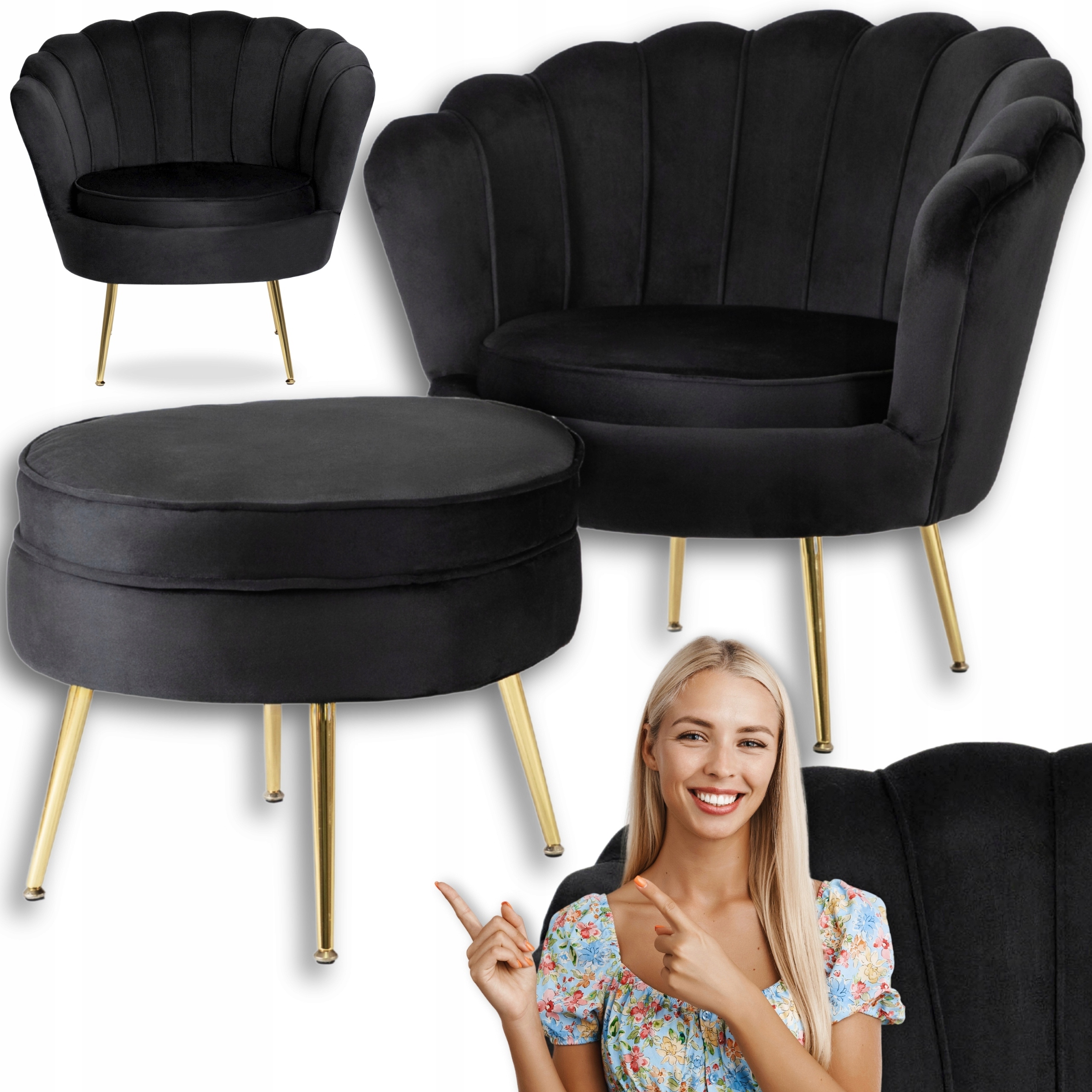 Křeslo do obývacího pokoje Černý Velur Muszelka s podnožkou Glamour Ložnice Grand