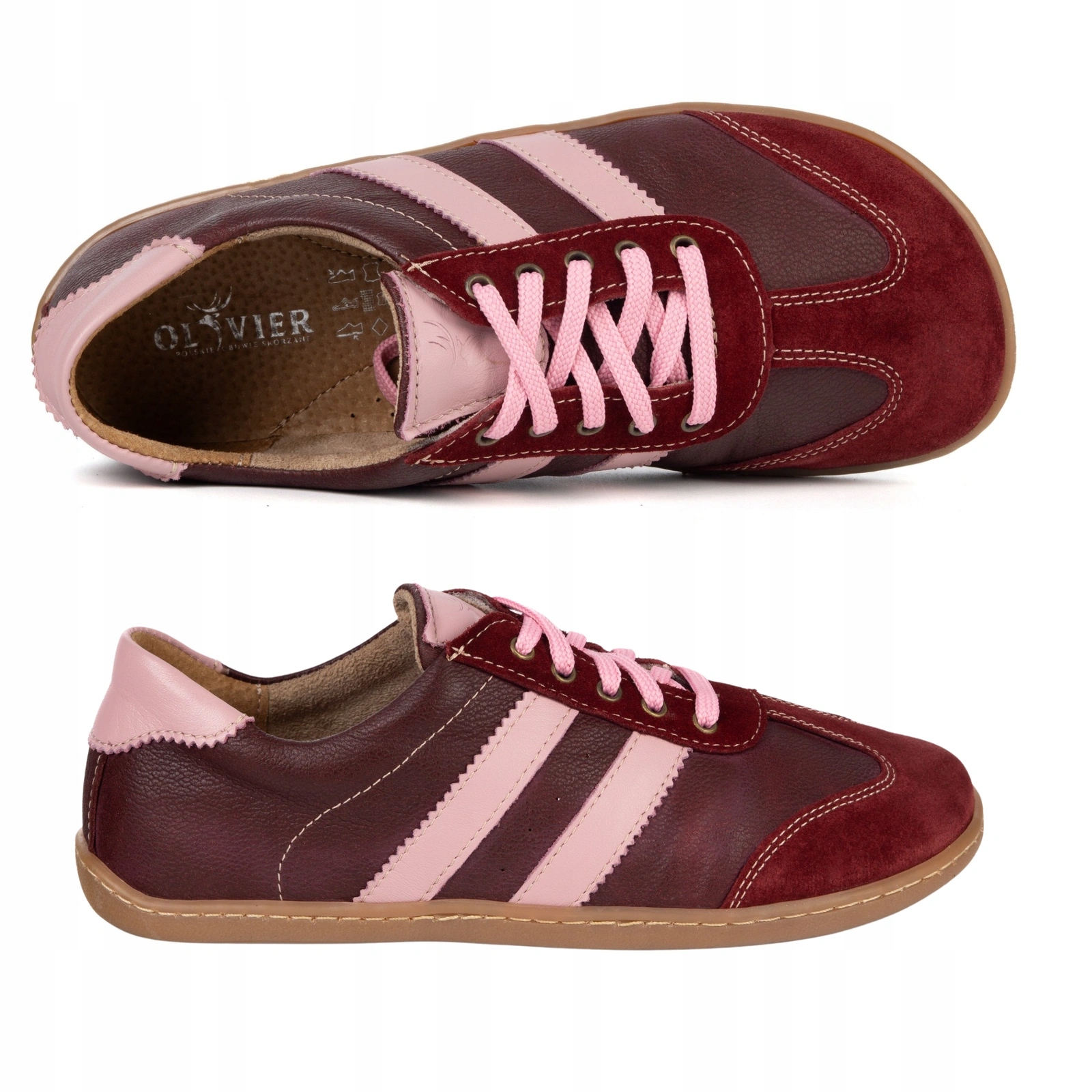 Buty barefoot damskie skórzane Ida Olivier zero drop anatomiczne bordowe 36